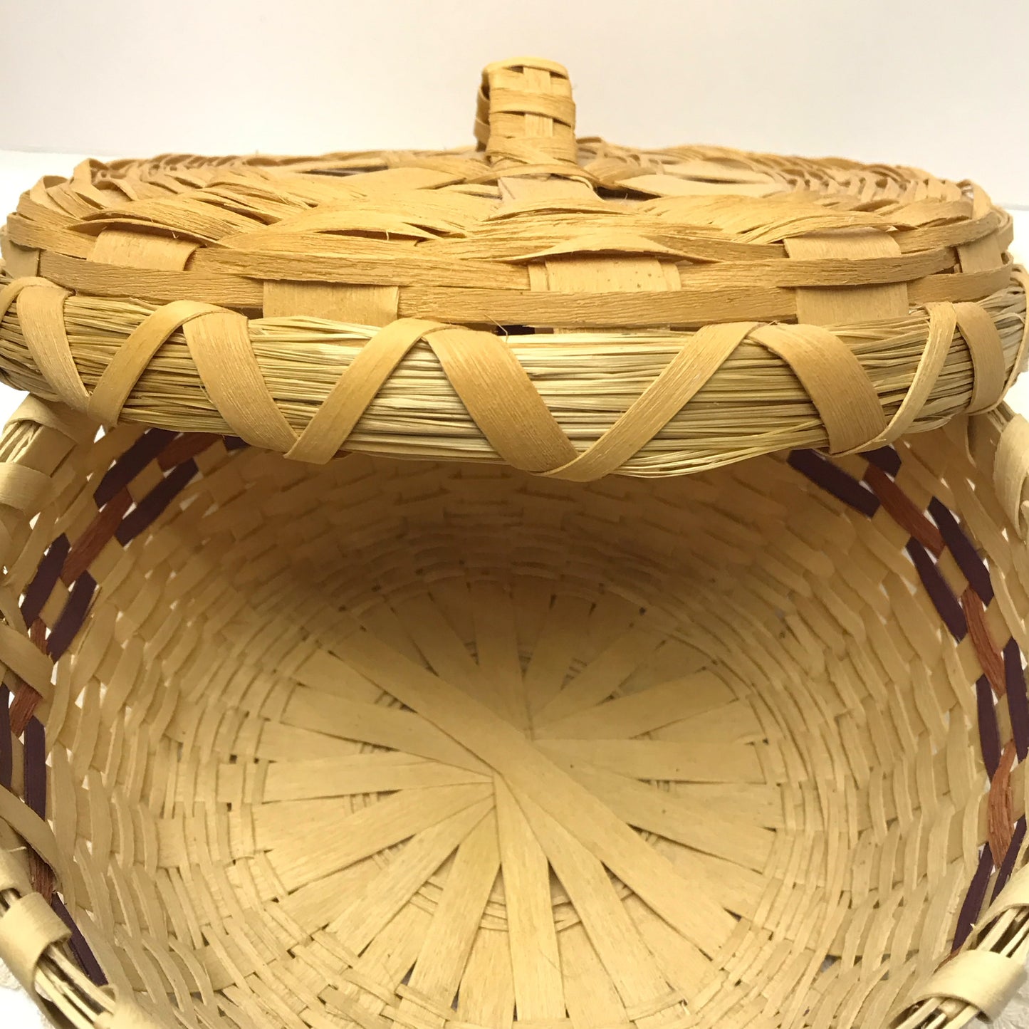 Native Sewing Basket, Mi’kmaq Lidded Basket, Hand Woven Round Basket, Signed and Dated