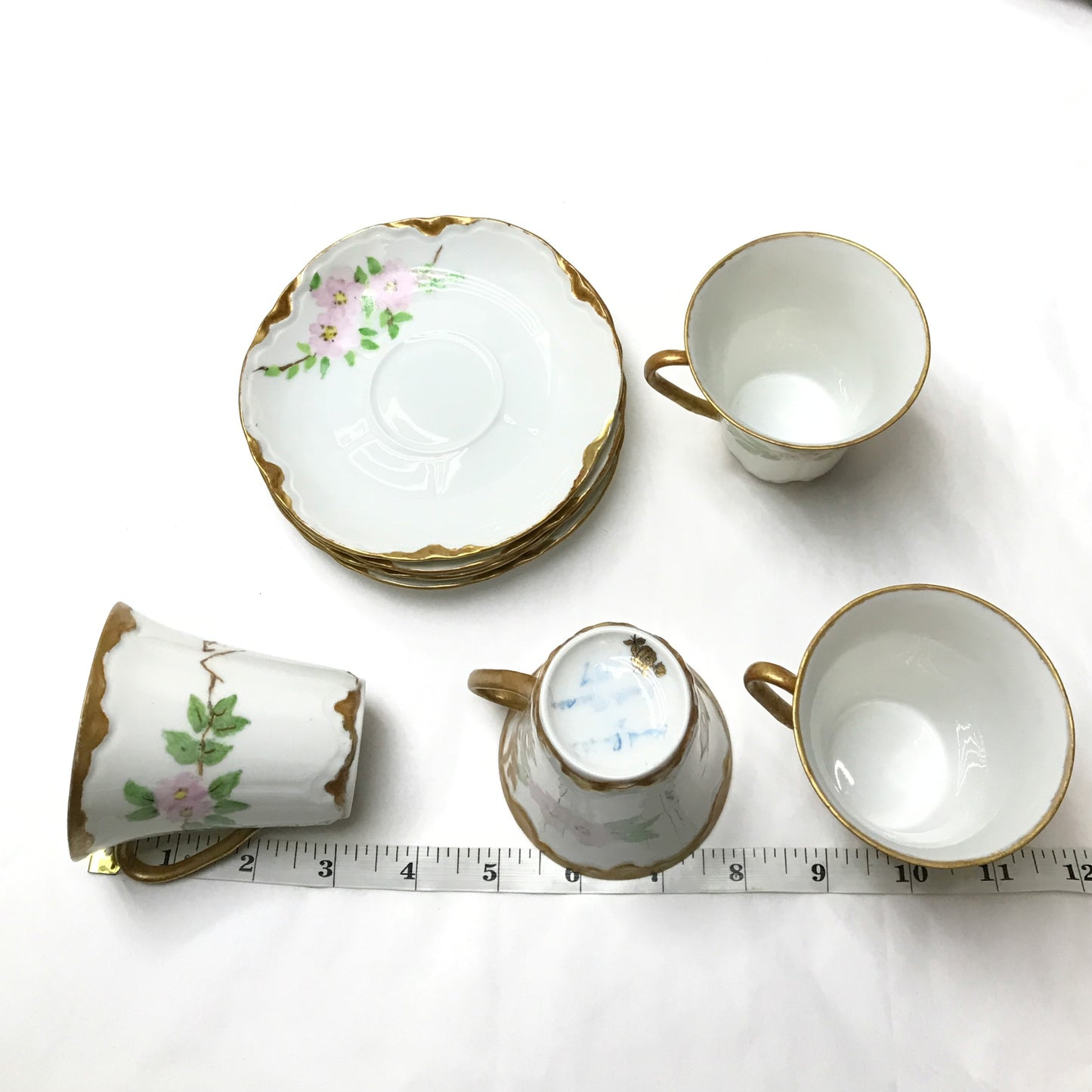 4 Hand Painted Demitasse Tea Cups & Saucers, Signed Do It Yourself Pieces, Dated 1987