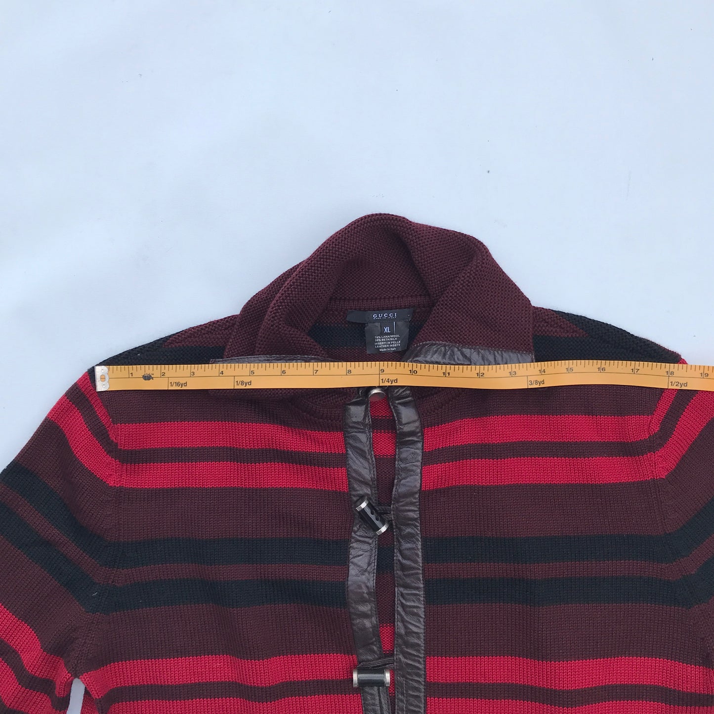 Maroon Striped Sweater with Toggle Buttonsand Leather Accents, Gucci Branded