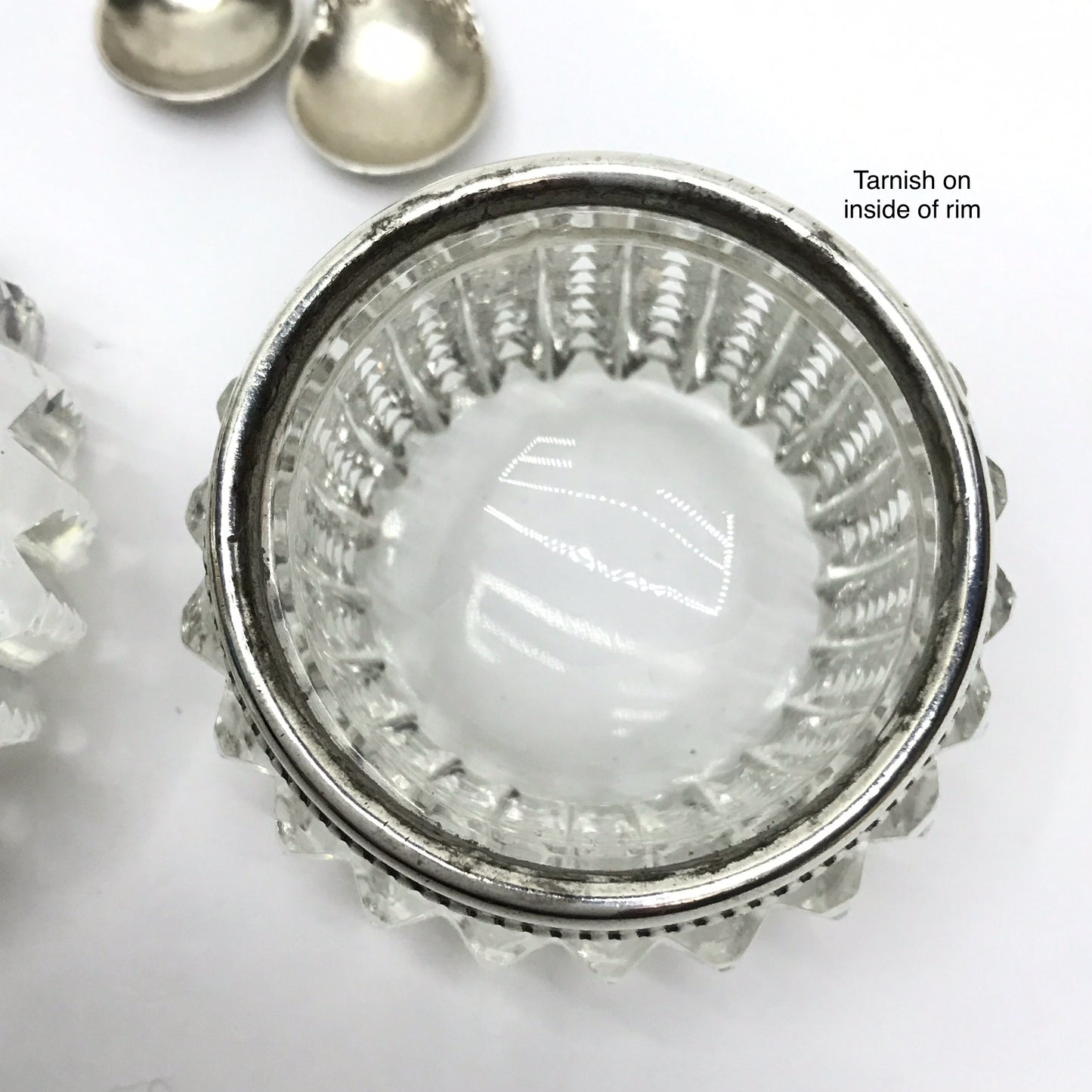 Pair of Open Glass Salt Cellars with Sterling Rims and Spoons