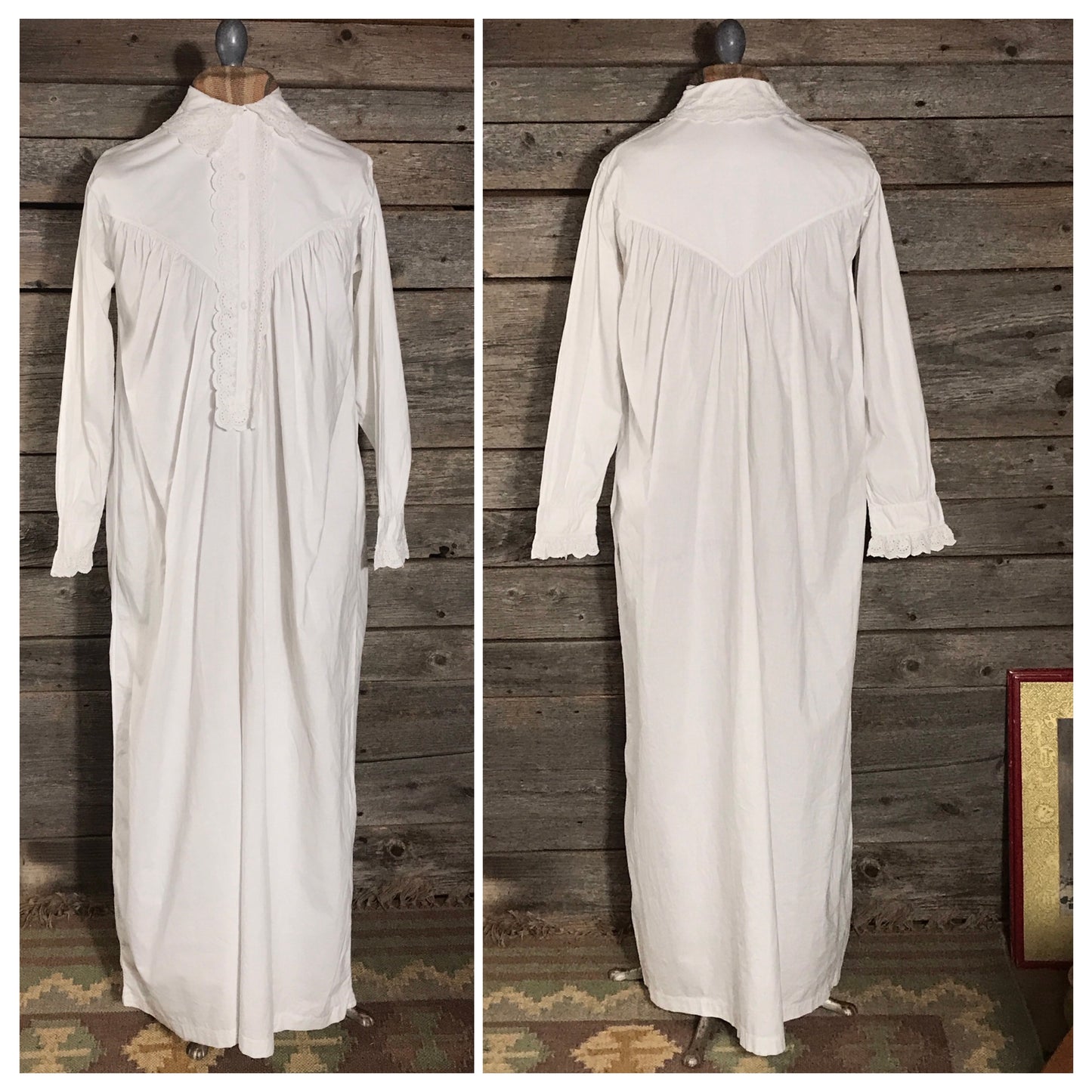 Edwardian Cotton Nightgown with Trimmed Collar and Sleeves, Antique Undergarments, Carved Mother of Pearl Buttons, MINOR Faults & Repairs.