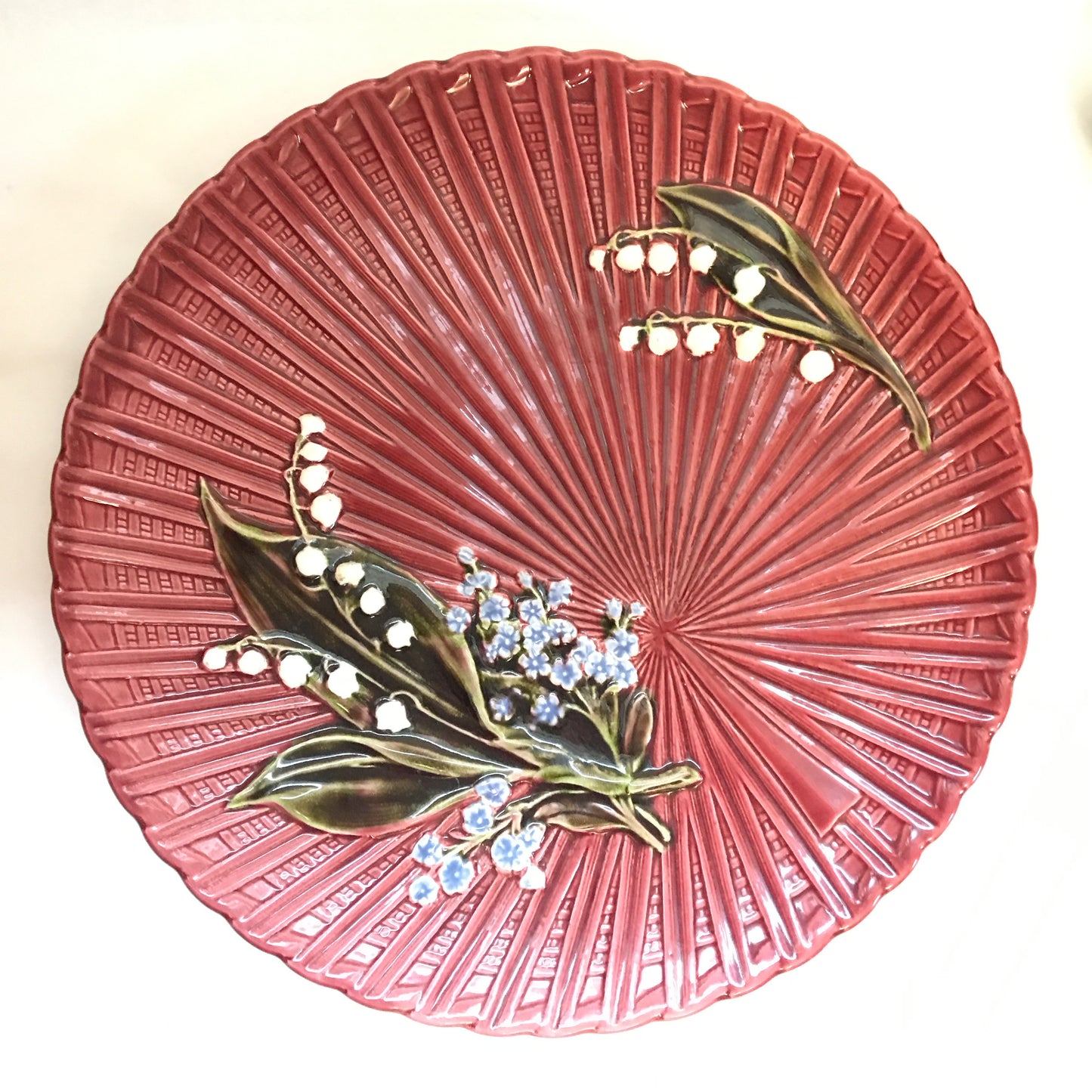 German Majolica Lily of the Valley Plate, Maroon, 11.5 inch Round Platter