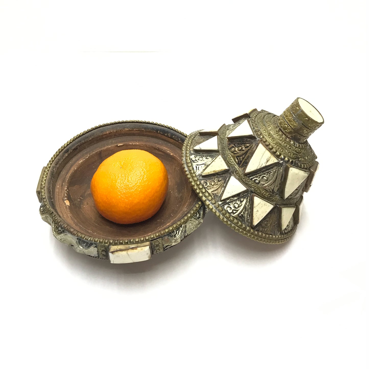 Mini Tajine Condiment Dish with Hammered Metal and Bone Accents, Ornate Lidded Terracotta Dish, Moroccan Trinket Dish