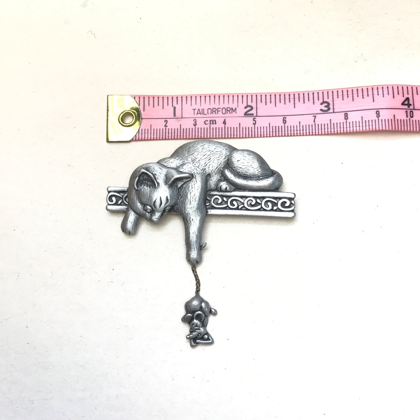 J.J. Pewter Cat and Dangling Mouse Brooch, Jonette Jewelry Company