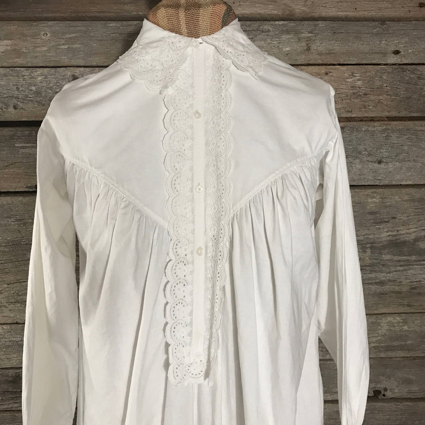 Edwardian Cotton Nightgown with Trimmed Collar and Sleeves, Antique Undergarments, Carved Mother of Pearl Buttons, MINOR Faults & Repairs.