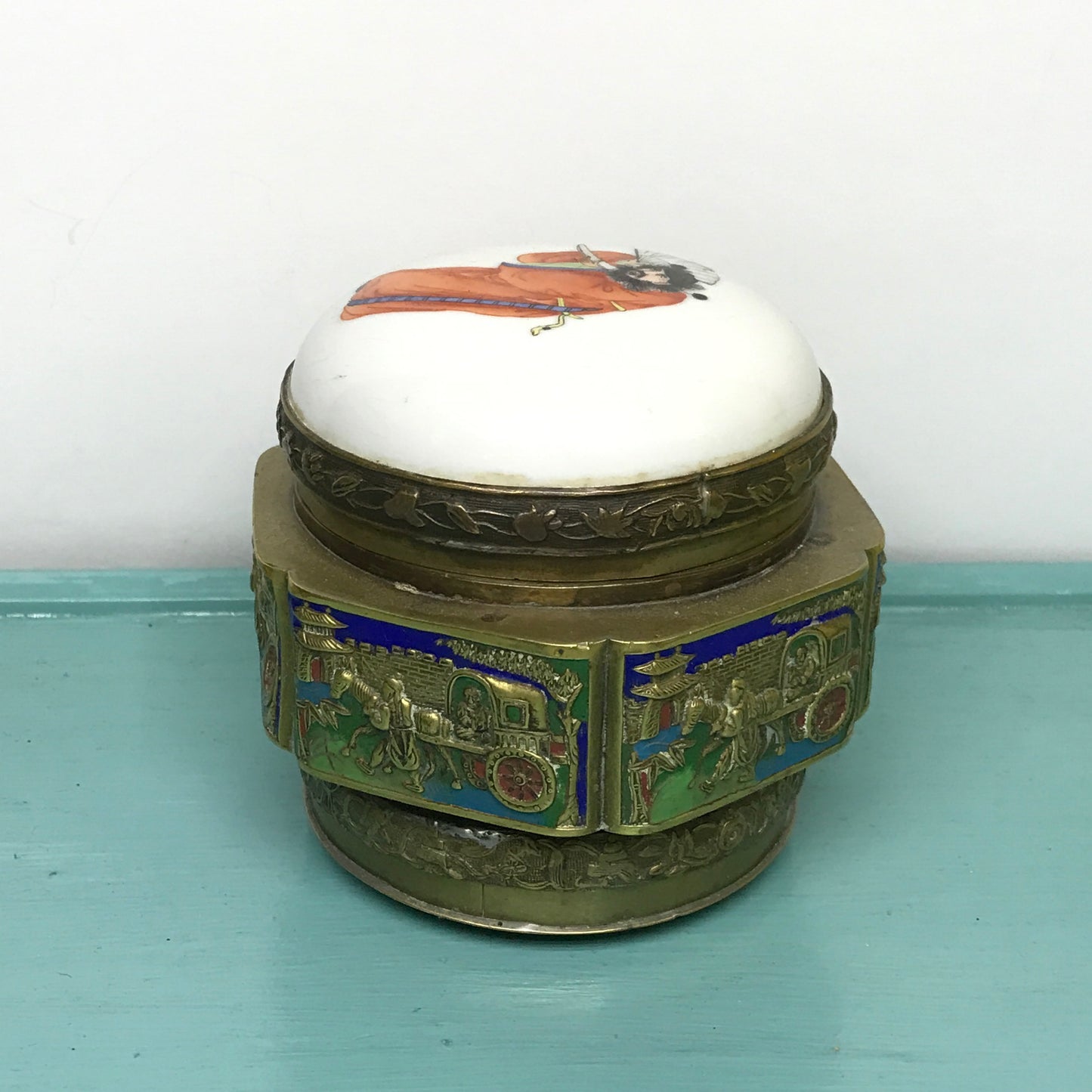 Brass Footed Jar with Hand Painted Porcelain Lid