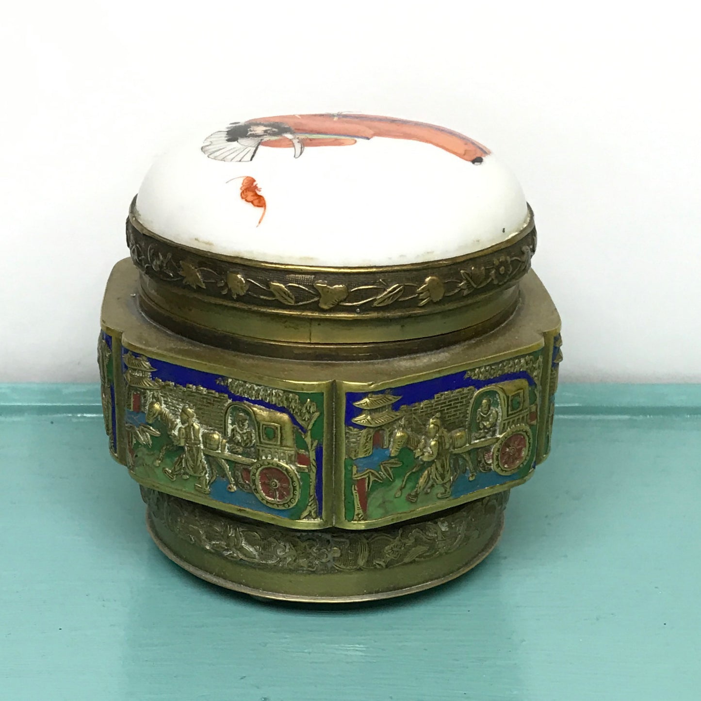 Brass Footed Jar with Hand Painted Porcelain Lid