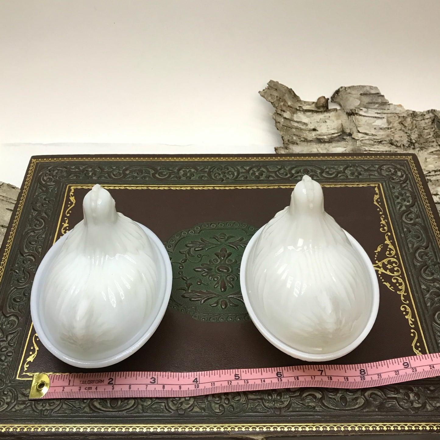 Pair of Small Milk Glass Hen-Shaped Dishes