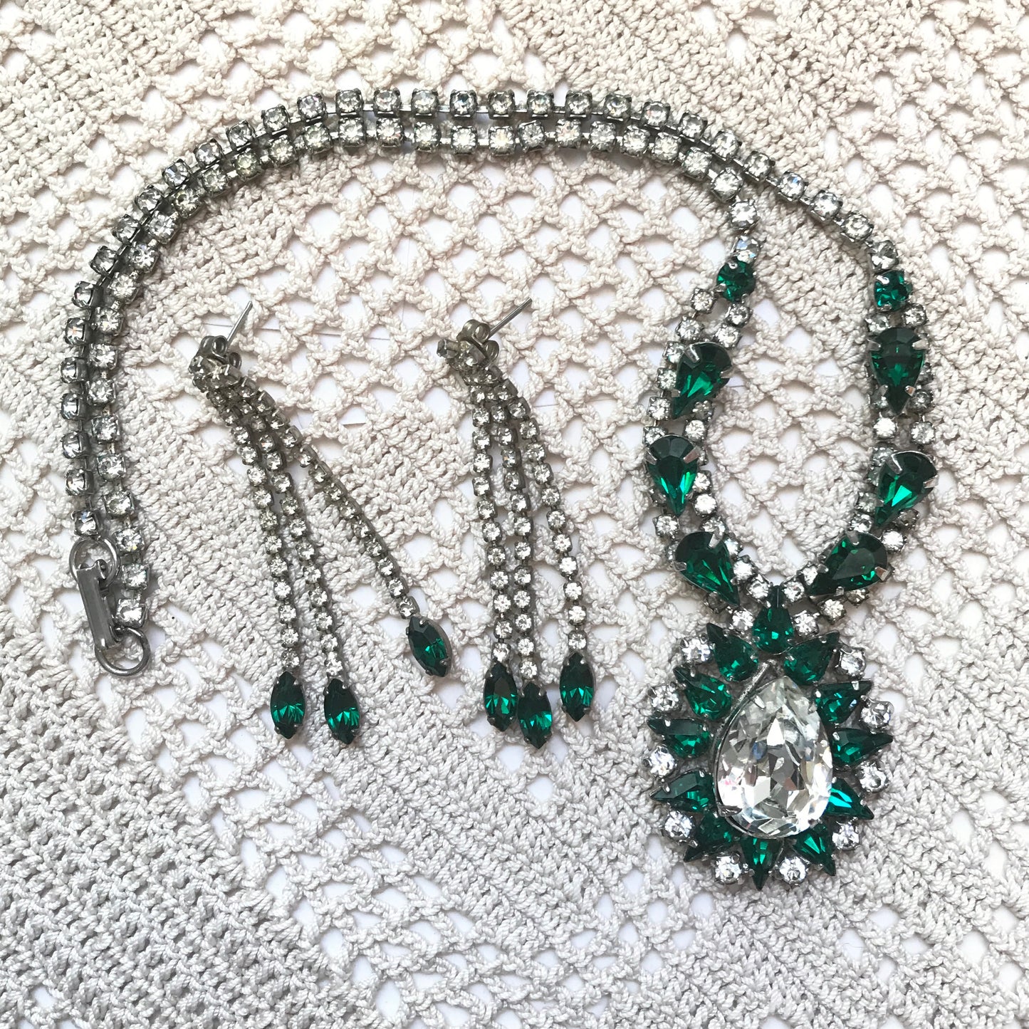 Jay Flex Sterling Green Rhinestone Necklace with Matching Pierced Earrings