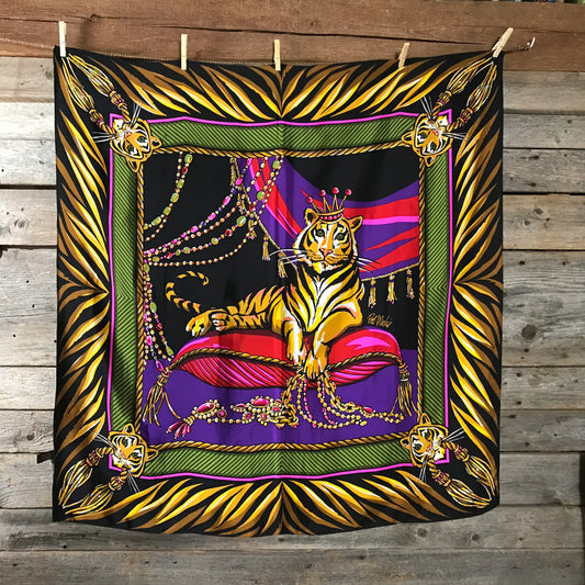 BOB MACKIE Wearable Art Tiger on Cushion, 100% Silk Scarf