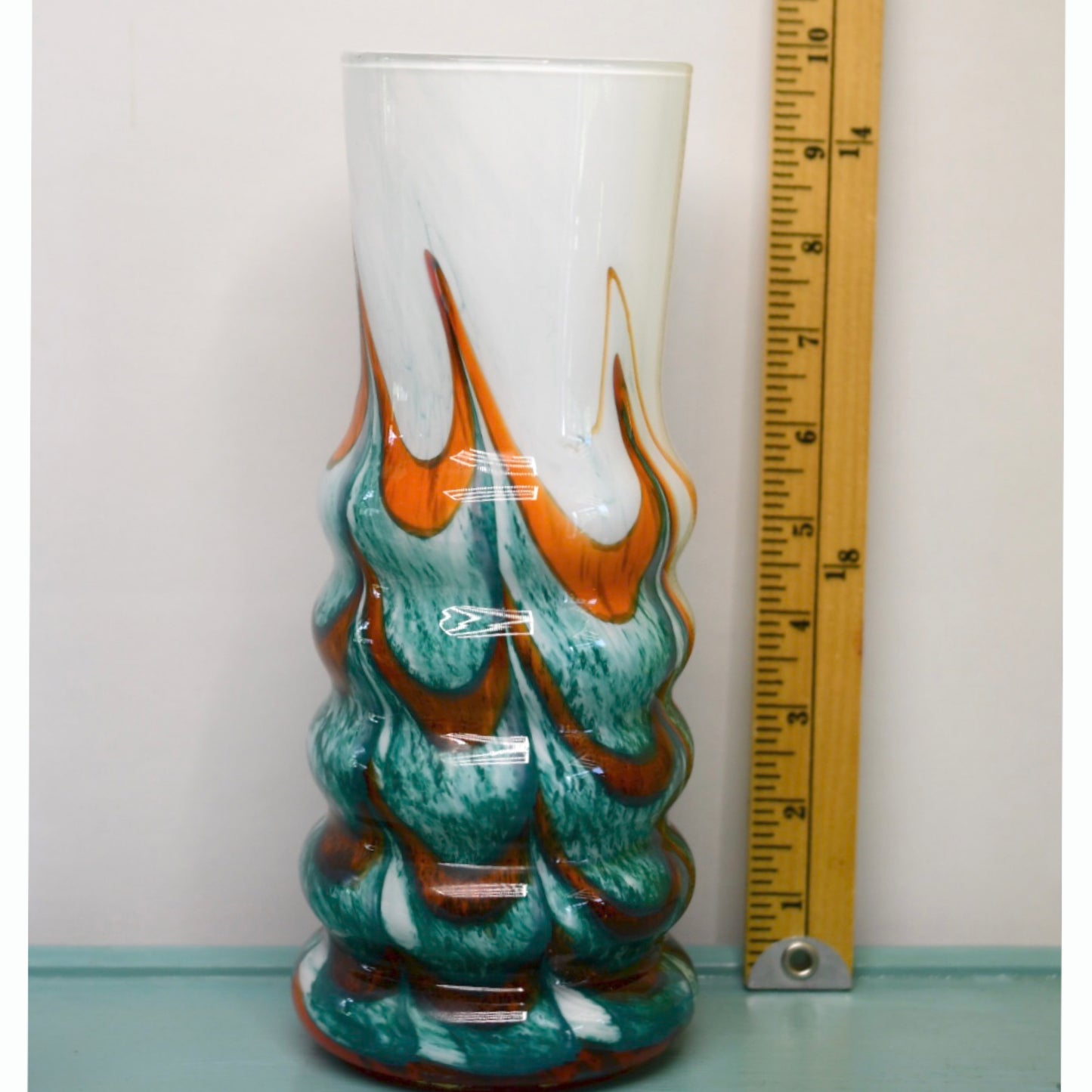 Hand Blown 9.5 inch Green and Orange Glass Vase