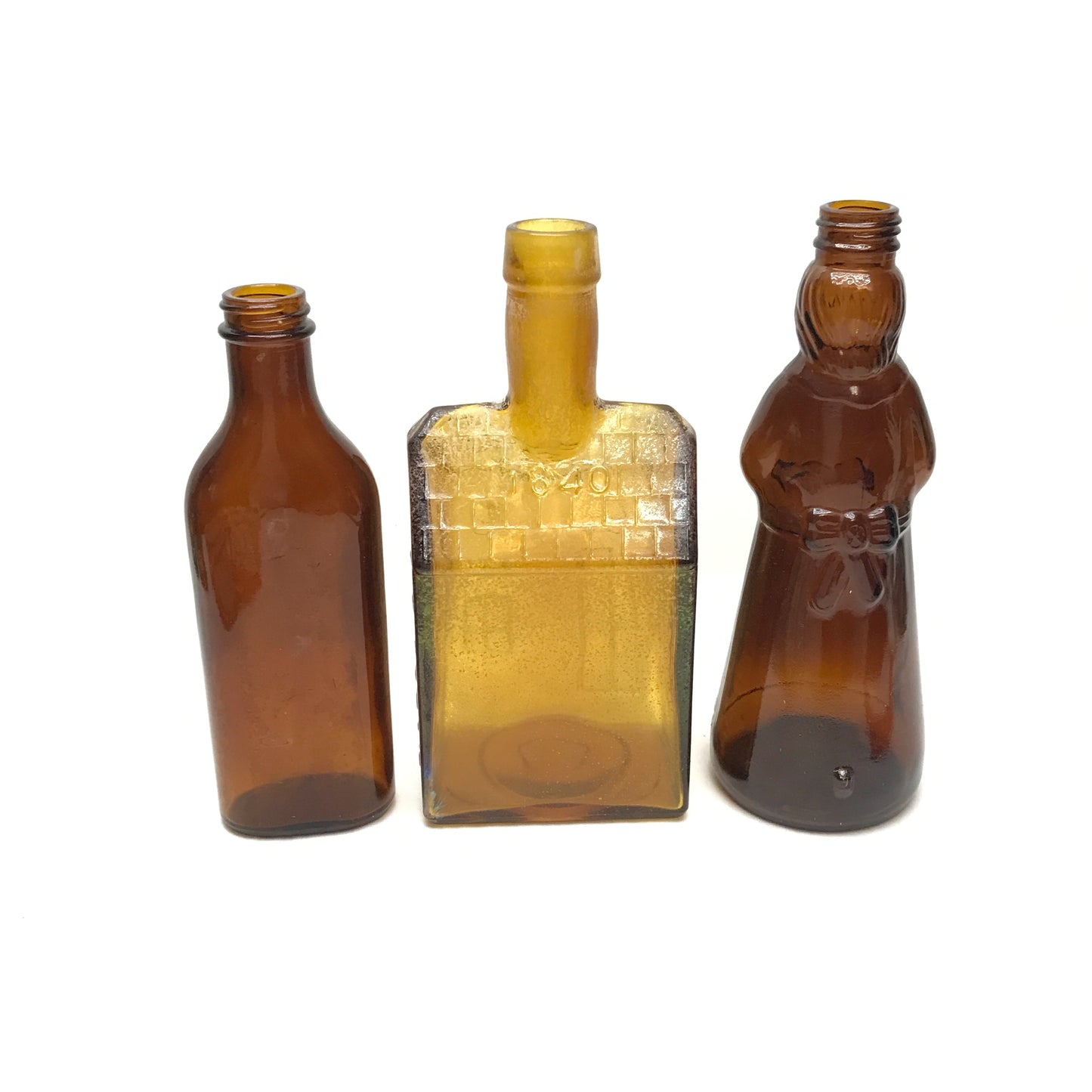 3 Collectible Brown Glass Bottles, Mrs Butterworths, Cod Liver Oil, EG Booz