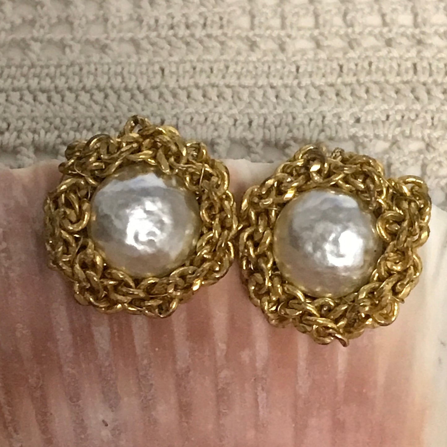 Miriam Haskell Signed Faux Pearl And Gold Button Earrings, Clip Ons with Tension Screws, Mabé Style Pearls