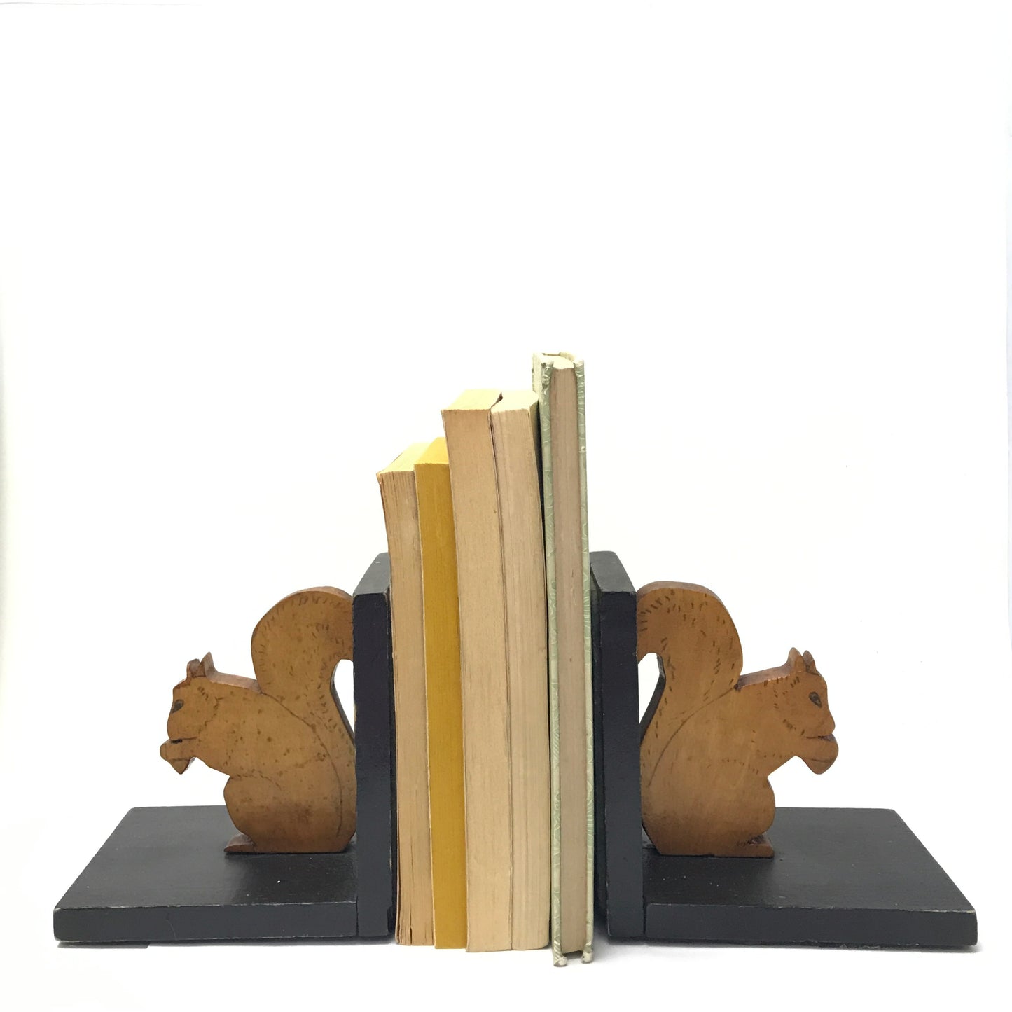 Handmade Wooden Squirrel Book Ends, Carved and Decorated Book Ends made from Reclaimed Wood, Circa 1930s-40s, Rustic Shelf Decor