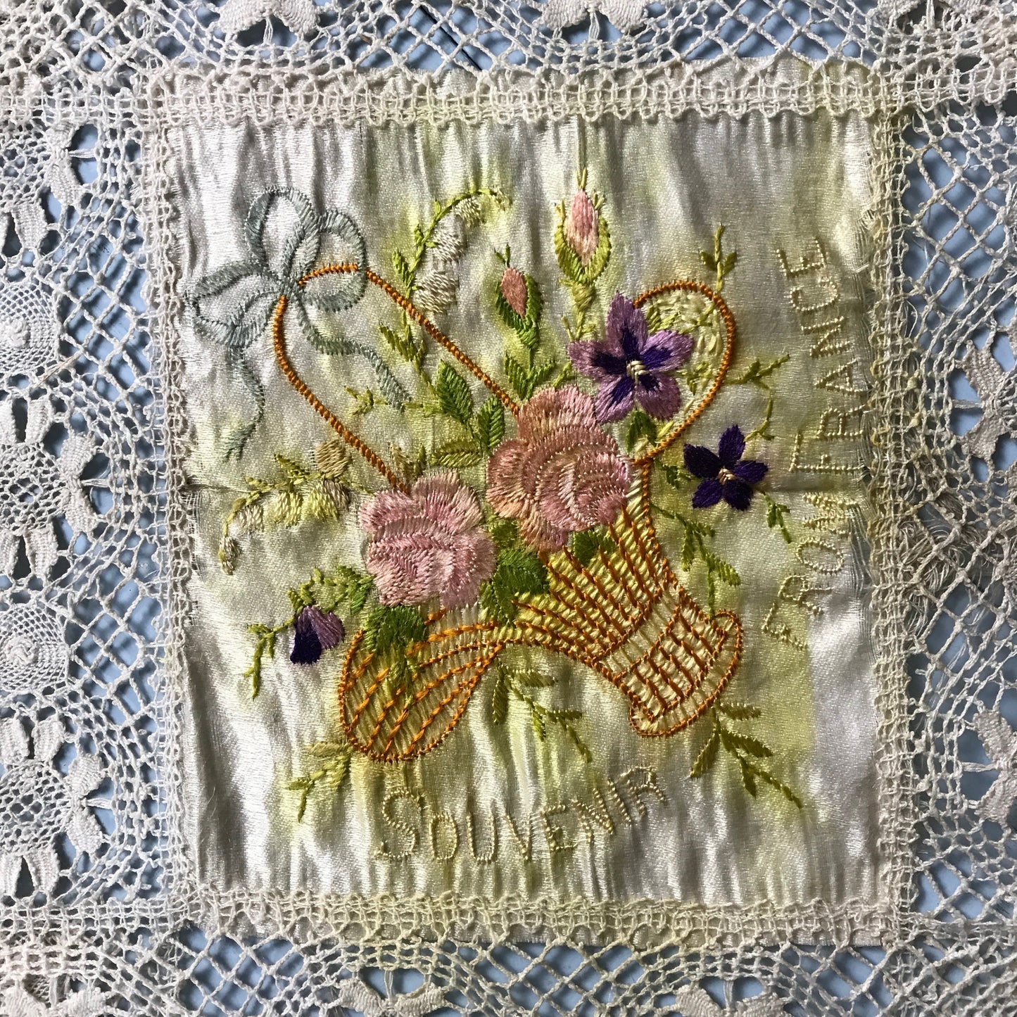 Antique Souvenir Postcard Silks Doily, circa 1917, French Lace Souvenir Handkerchief, AT FAULT