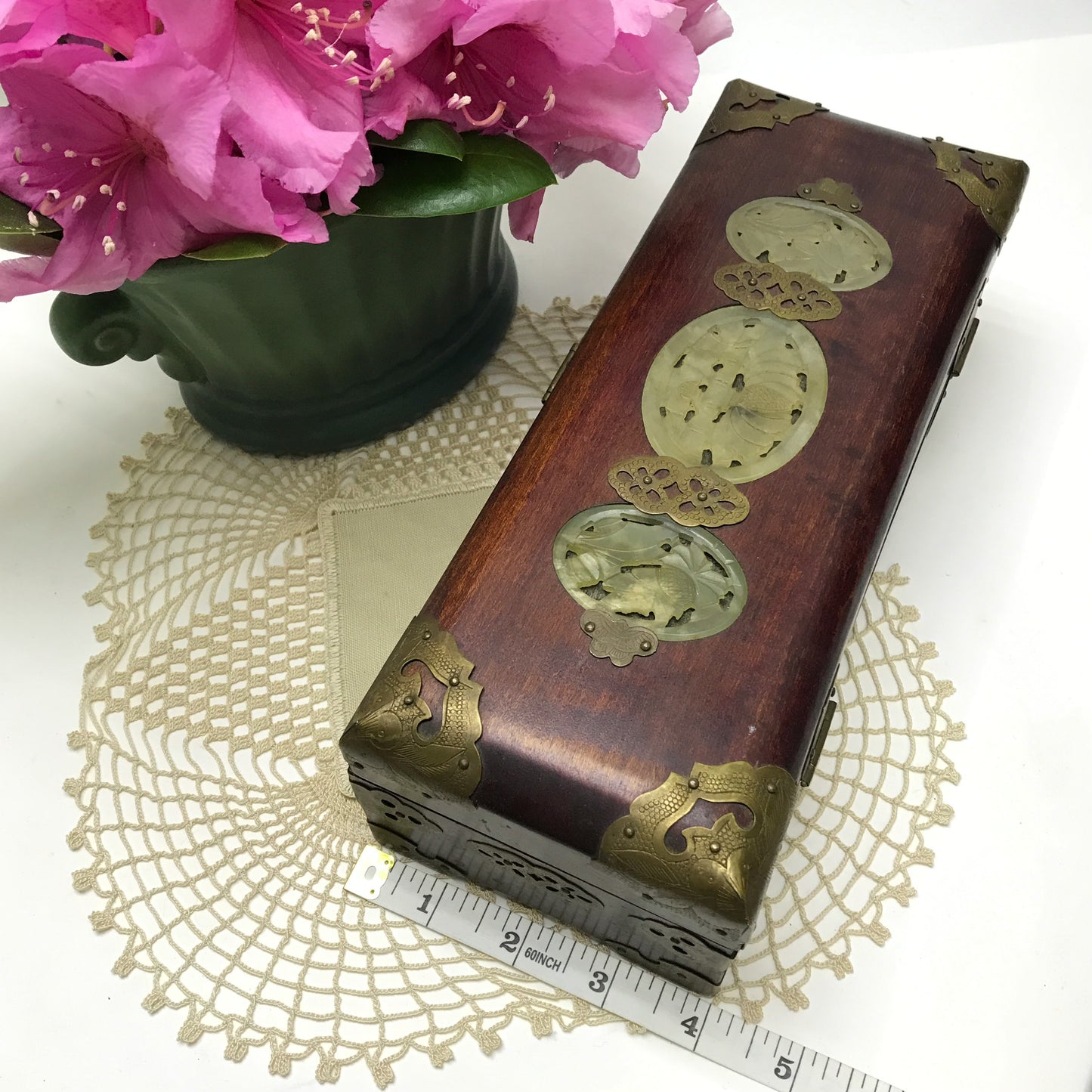 Chinese Jewellery Box with Brass & Jade Accents