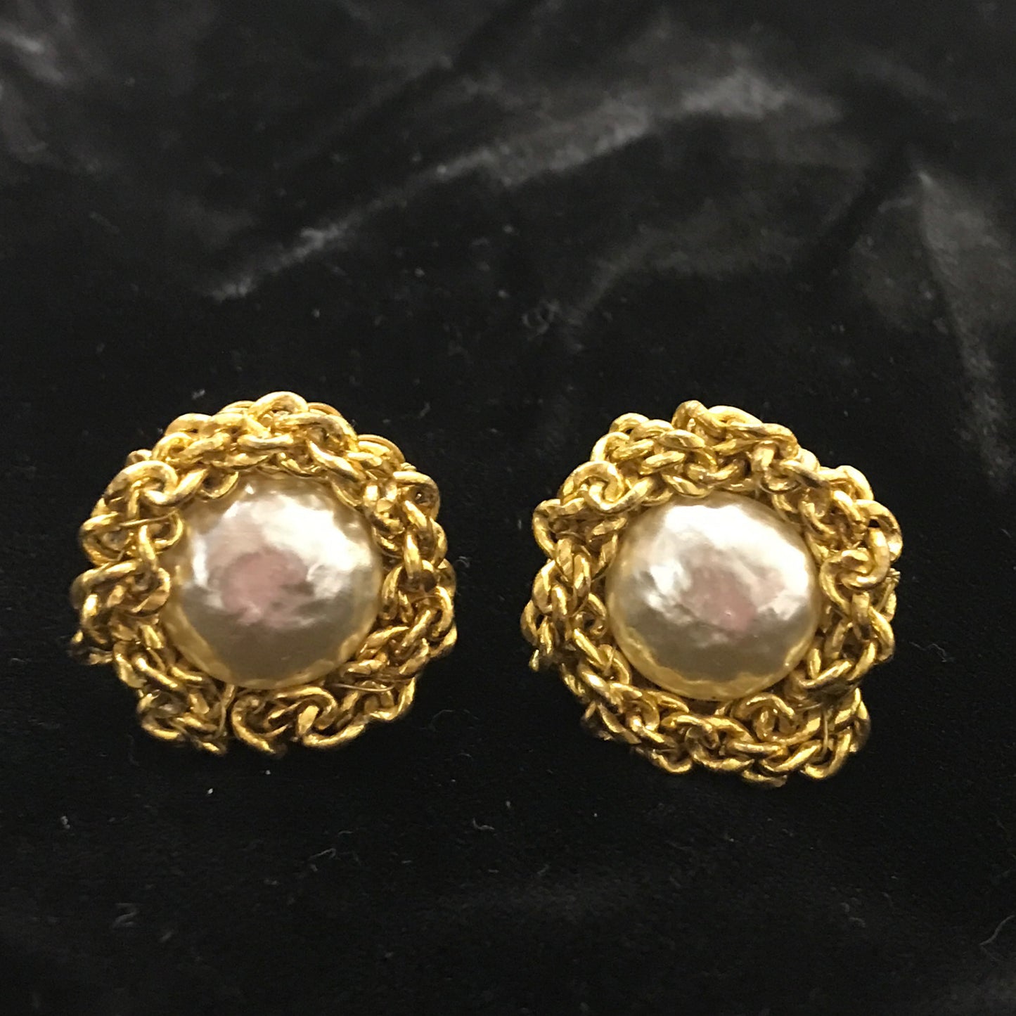 Miriam Haskell Signed Faux Pearl And Gold Button Earrings, Clip Ons with Tension Screws, Mabé Style Pearls