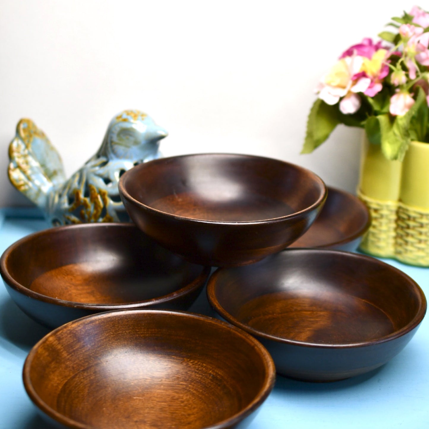 5 Lightweight Wooden Bowls, Dinner Roll Plates, Small Salad Dish, 6 inches