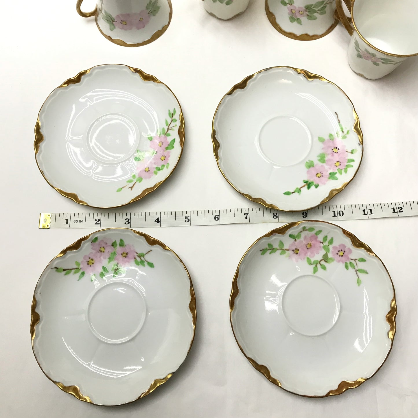 4 Hand Painted Demitasse Tea Cups & Saucers, Signed Do It Yourself Pieces, Dated 1987