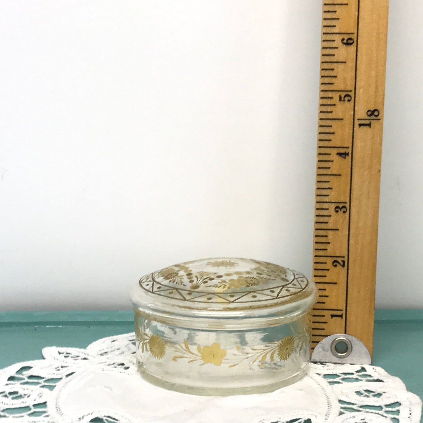 Clear Glass Trinket Box or Powder Jar with Inset Gold Floral Accents, Vintage Jewellery Box