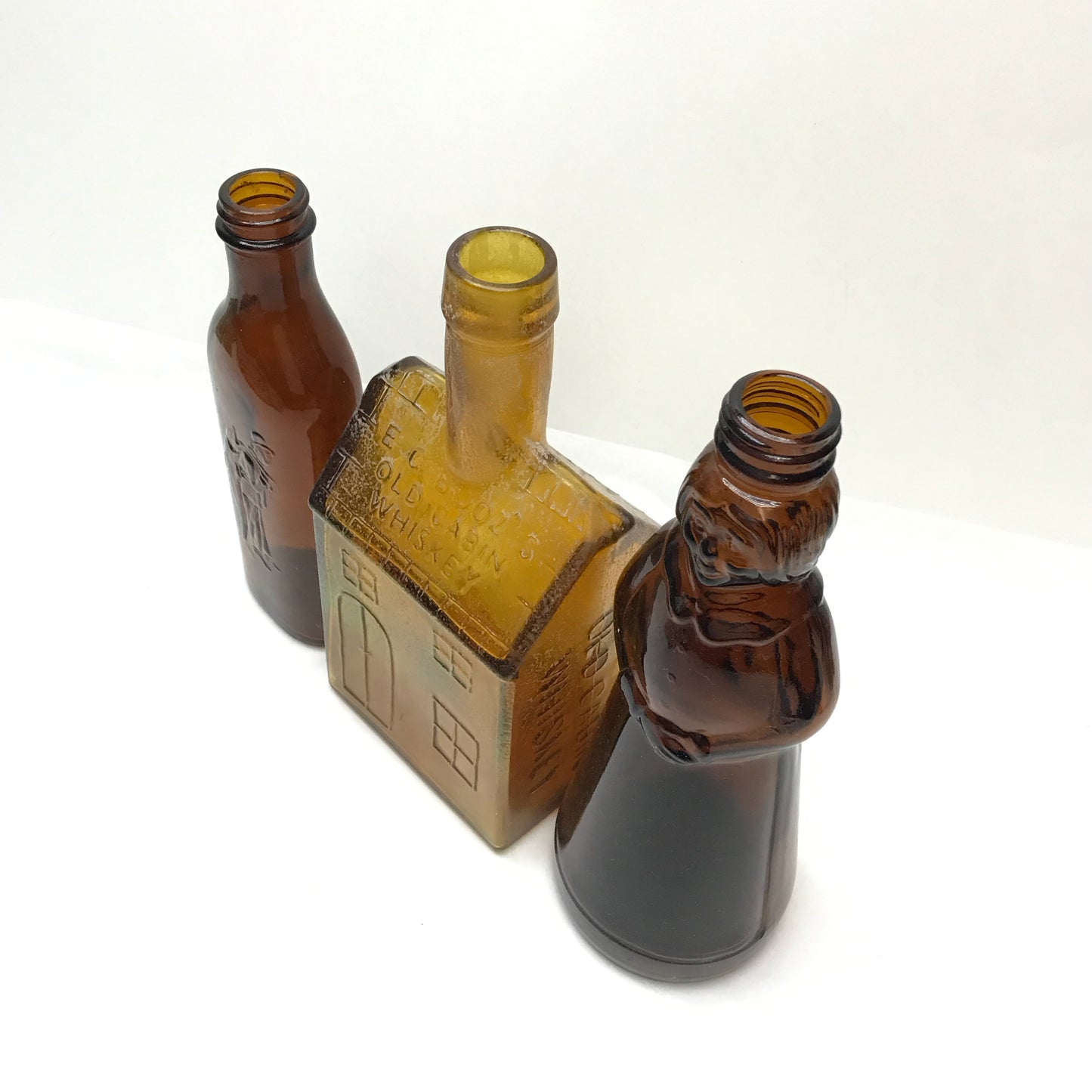 3 Collectible Brown Glass Bottles, Mrs Butterworths, Cod Liver Oil, EG Booz