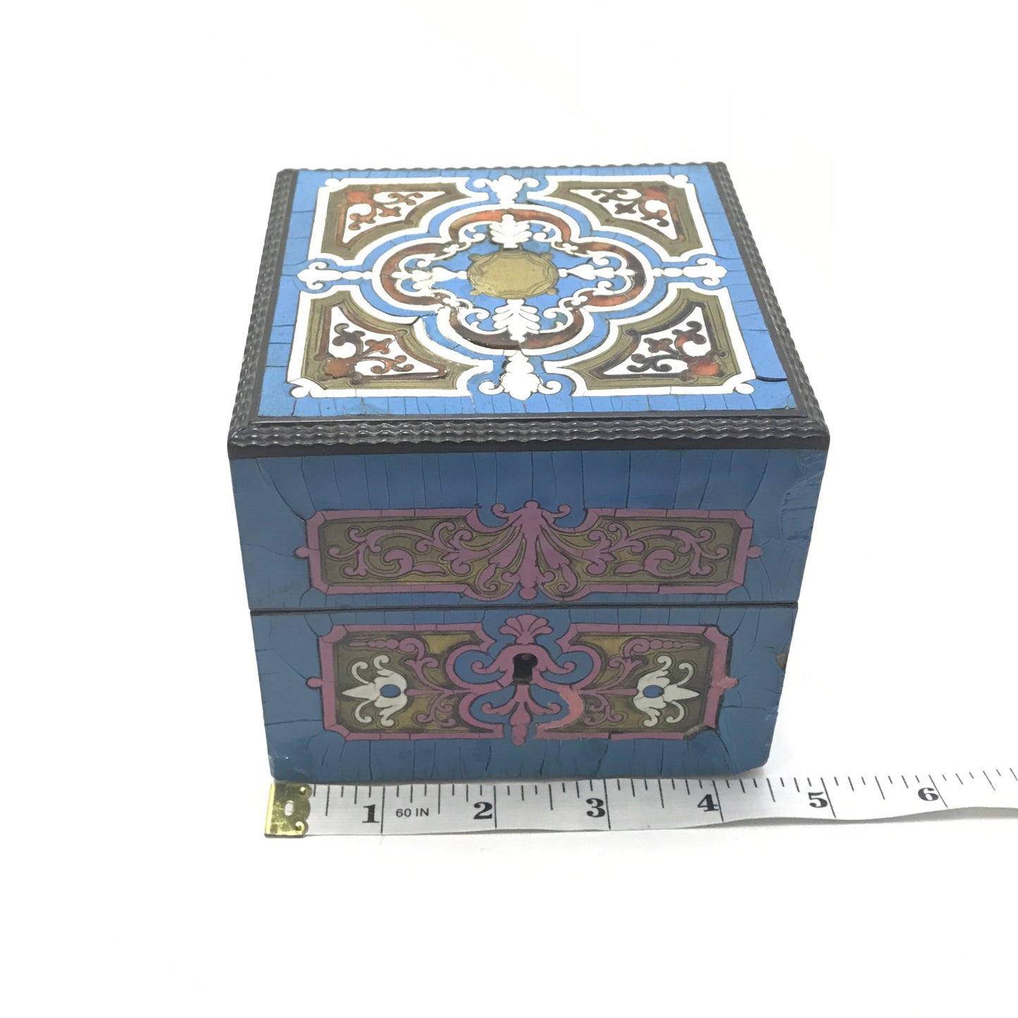 Antique Enamel Tea Box, Chippy Paint, Brass Inlay, and Small Old Repairs, 19th Century