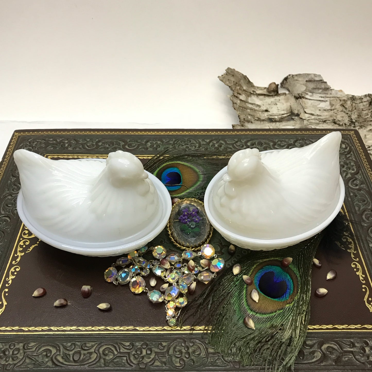 Pair of Small Milk Glass Hen-Shaped Dishes