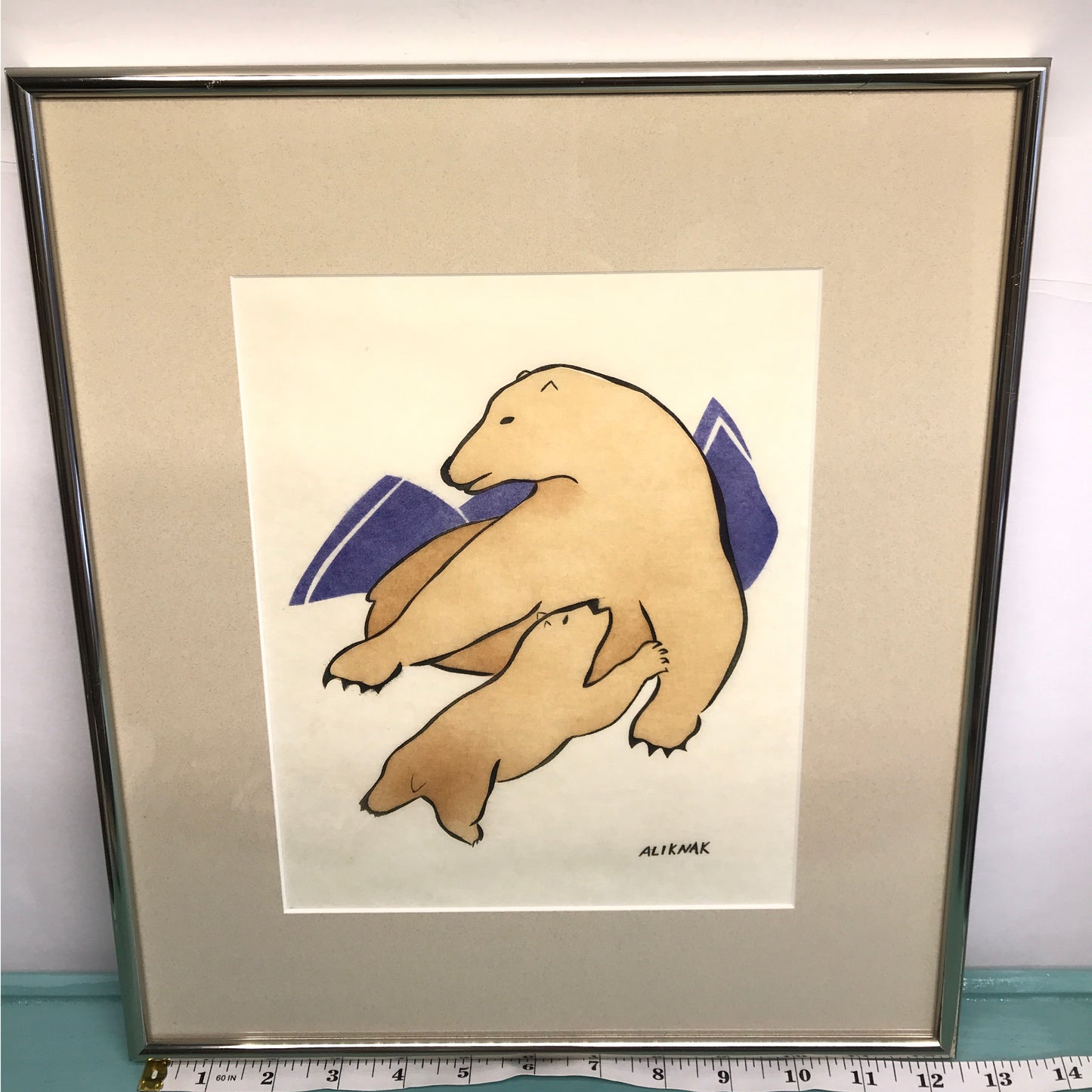 Stone Cut Print of Polar Bears in Frame, Signed Native Art