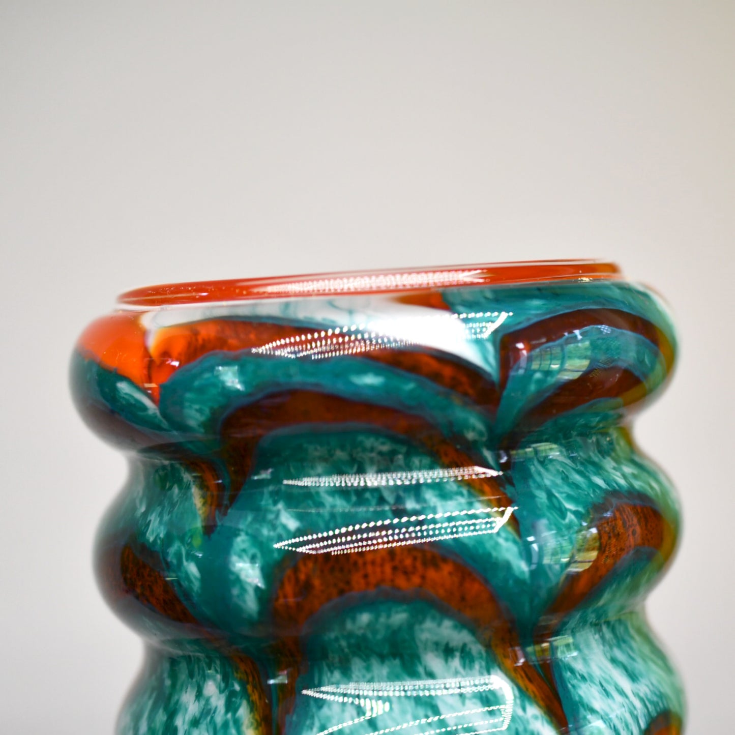 Hand Blown 9.5 inch Green and Orange Glass Vase