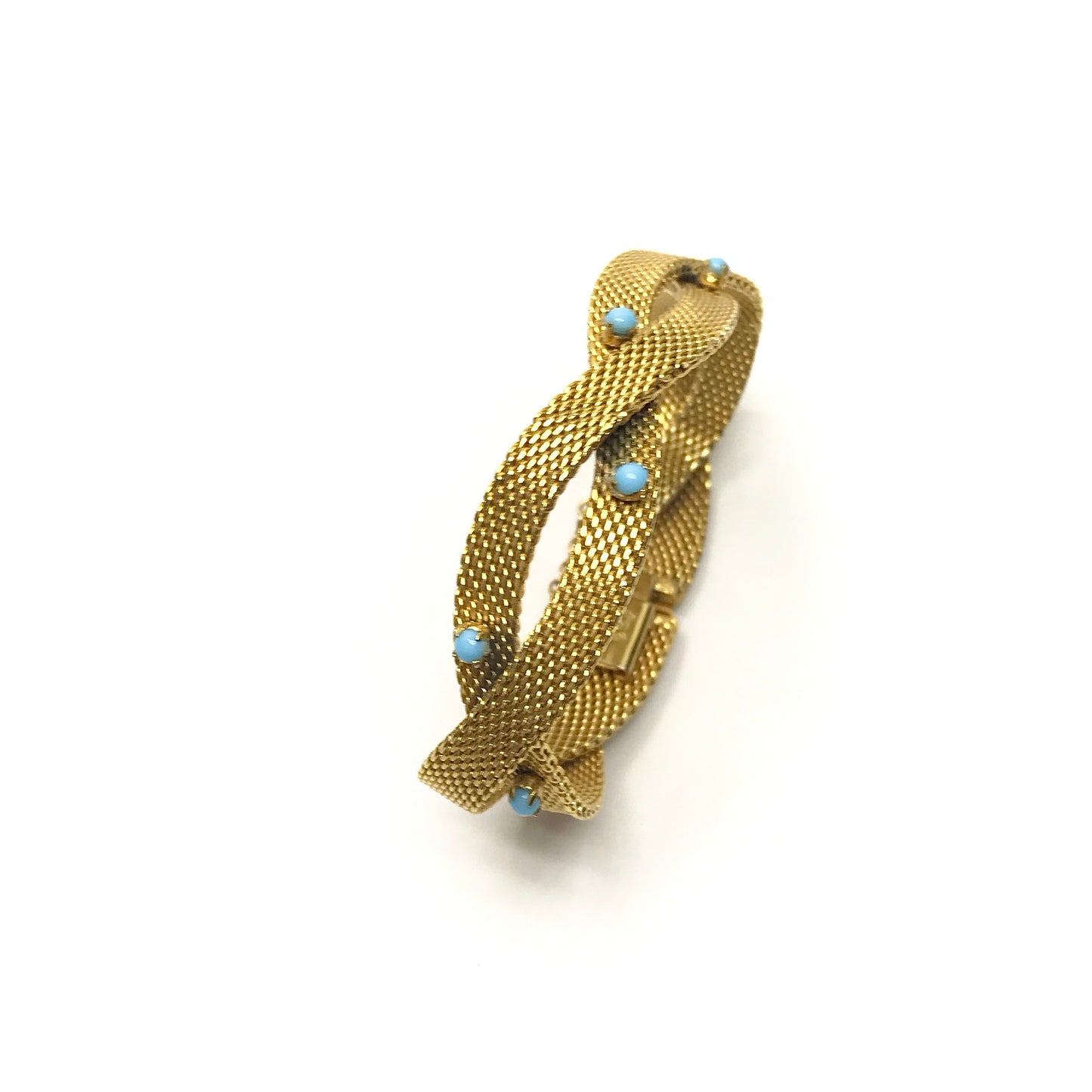 Gold Metal Mesh Bracelet with Turquoise Coloured Stones, Signed Radi Spain