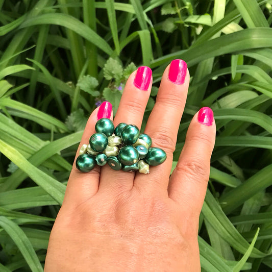 Cha Cha Ring Green Pearlized Beads, Cocktail Ring