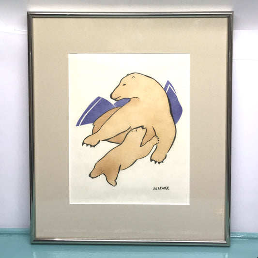 Stone Cut Print of Polar Bears in Frame, Signed Native Art