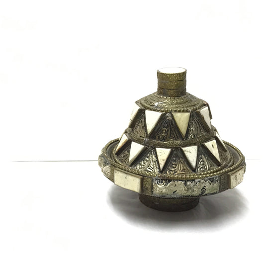 Mini Tajine Condiment Dish with Hammered Metal and Bone Accents, Ornate Lidded Terracotta Dish, Moroccan Trinket Dish