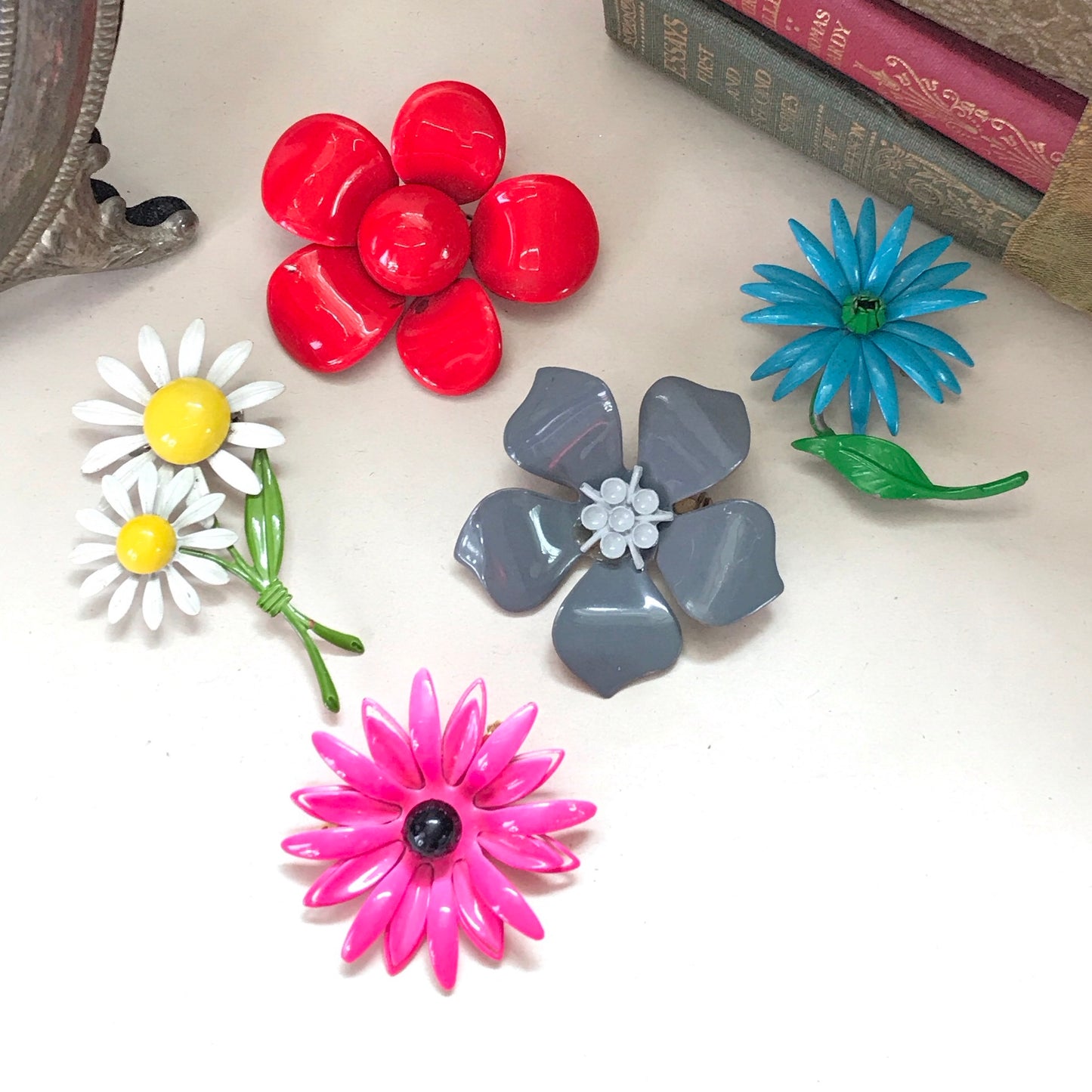 Lot of 5 Vintage Enamel Painted Floral Brooches