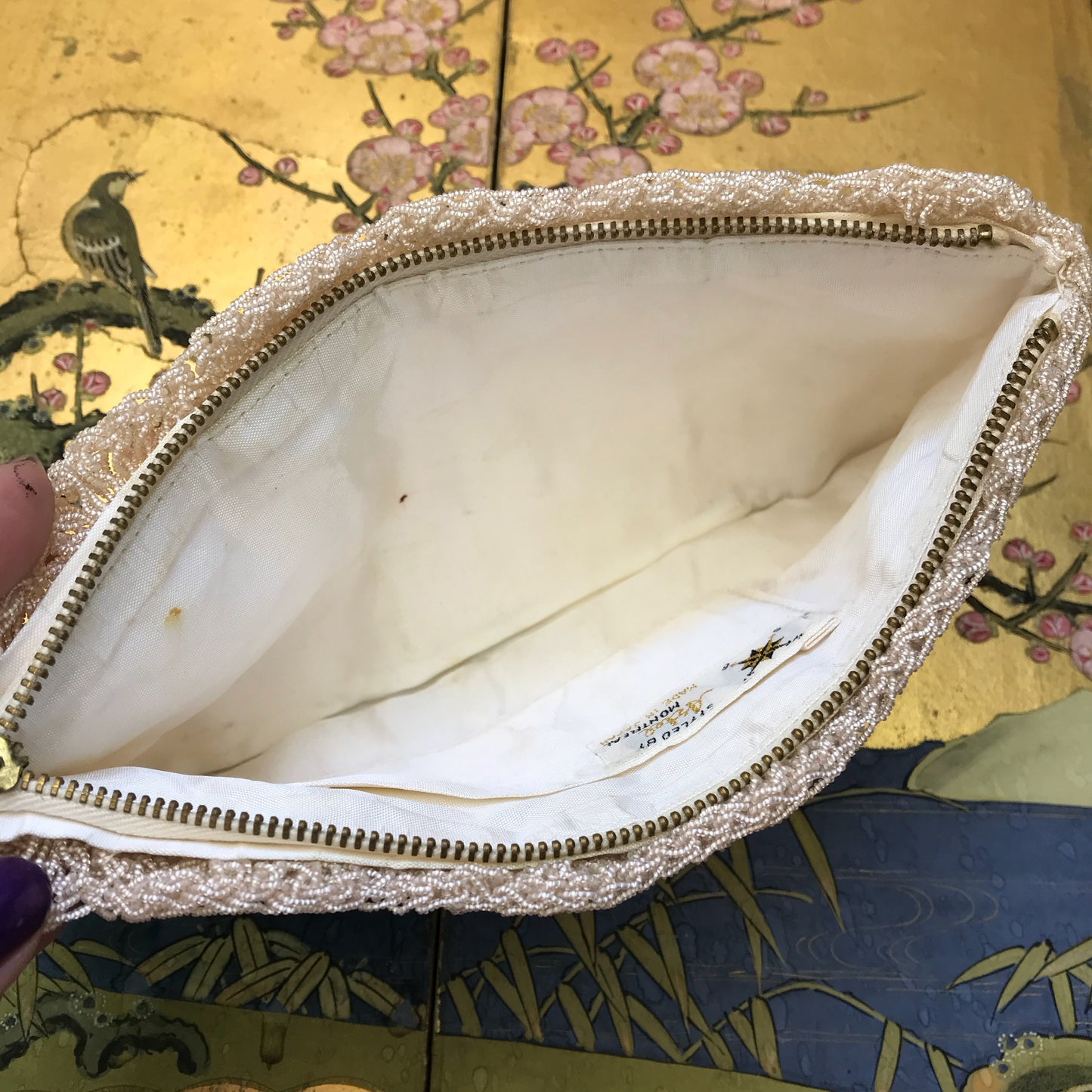 Opalescent White Seed Bead Clutch Purse, Evening Pocketbook Wallet