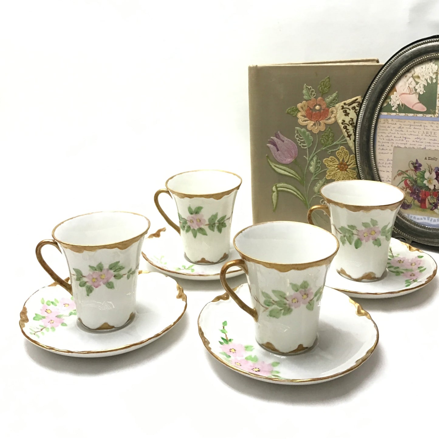 4 Hand Painted Demitasse Tea Cups & Saucers, Signed Do It Yourself Pieces, Dated 1987