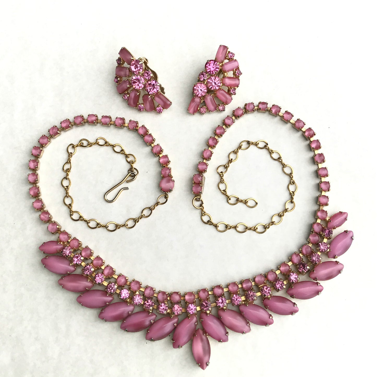 Warner Pink Opaque & Rhinestone Necklace with Clip On Earrings