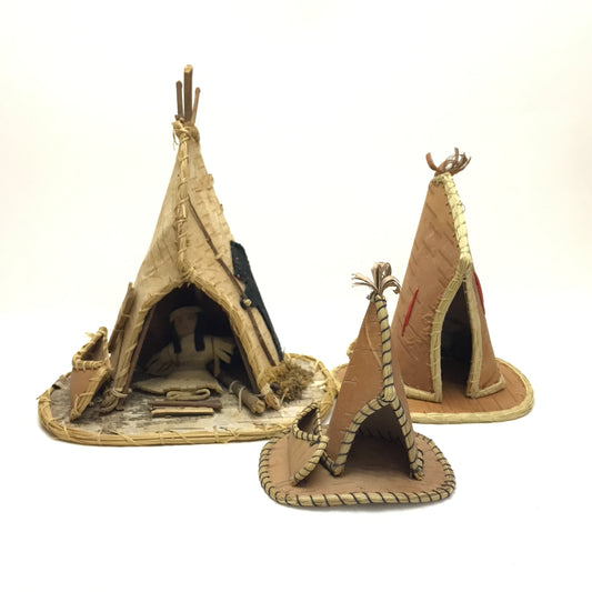 Trio of Birch Bark Campsite Dioramas, Handmade TiPi, Native Scene Sculptures