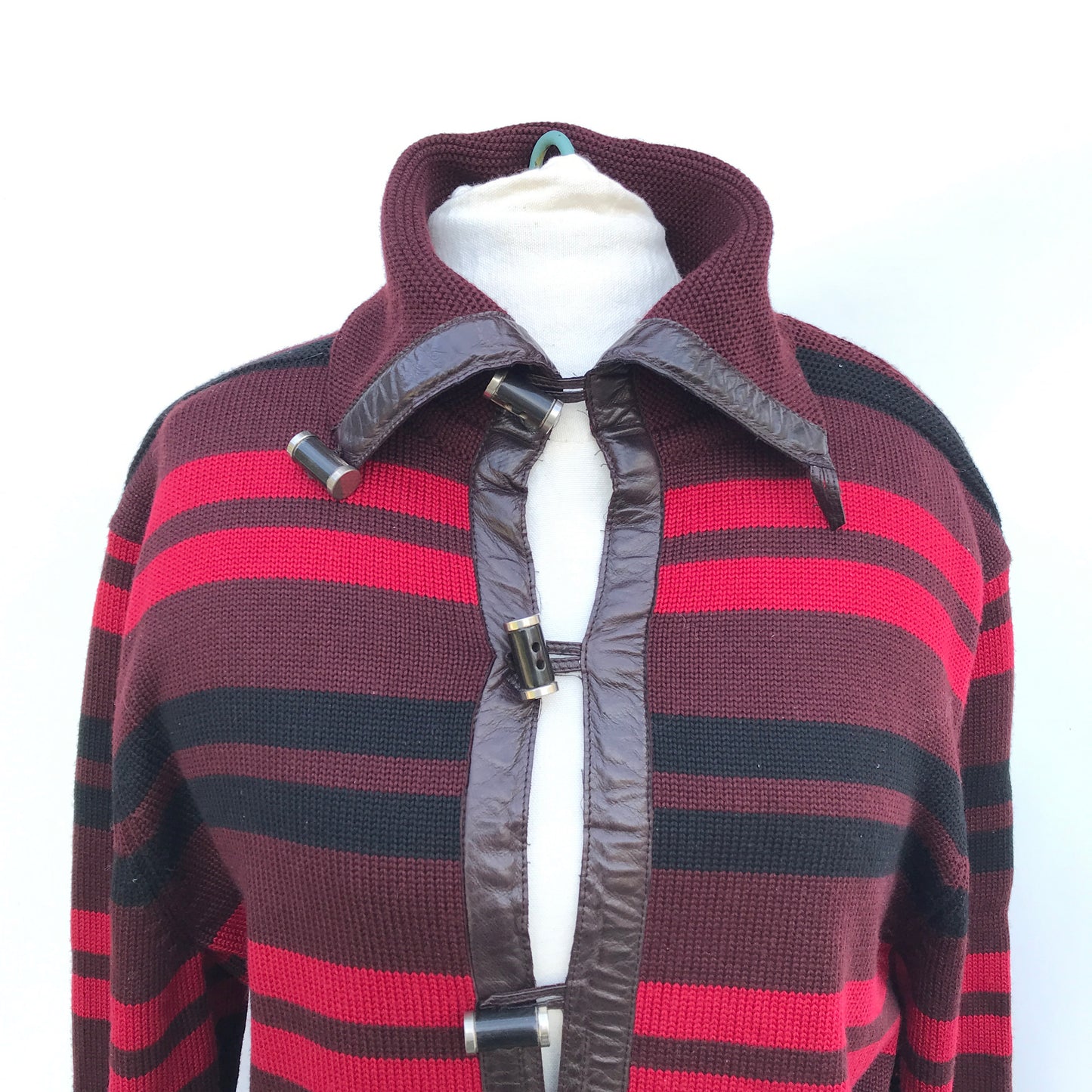 Maroon Striped Sweater with Toggle Buttonsand Leather Accents, Gucci Branded