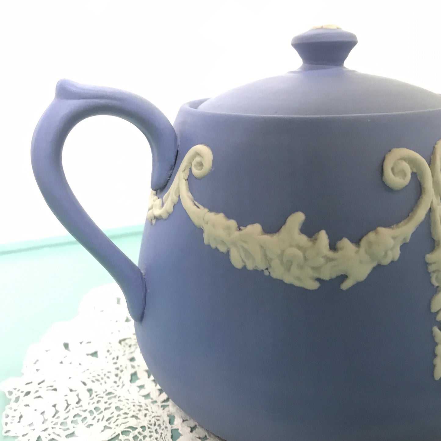 Vintage Ecanada White on Blue Jasperware Teapot