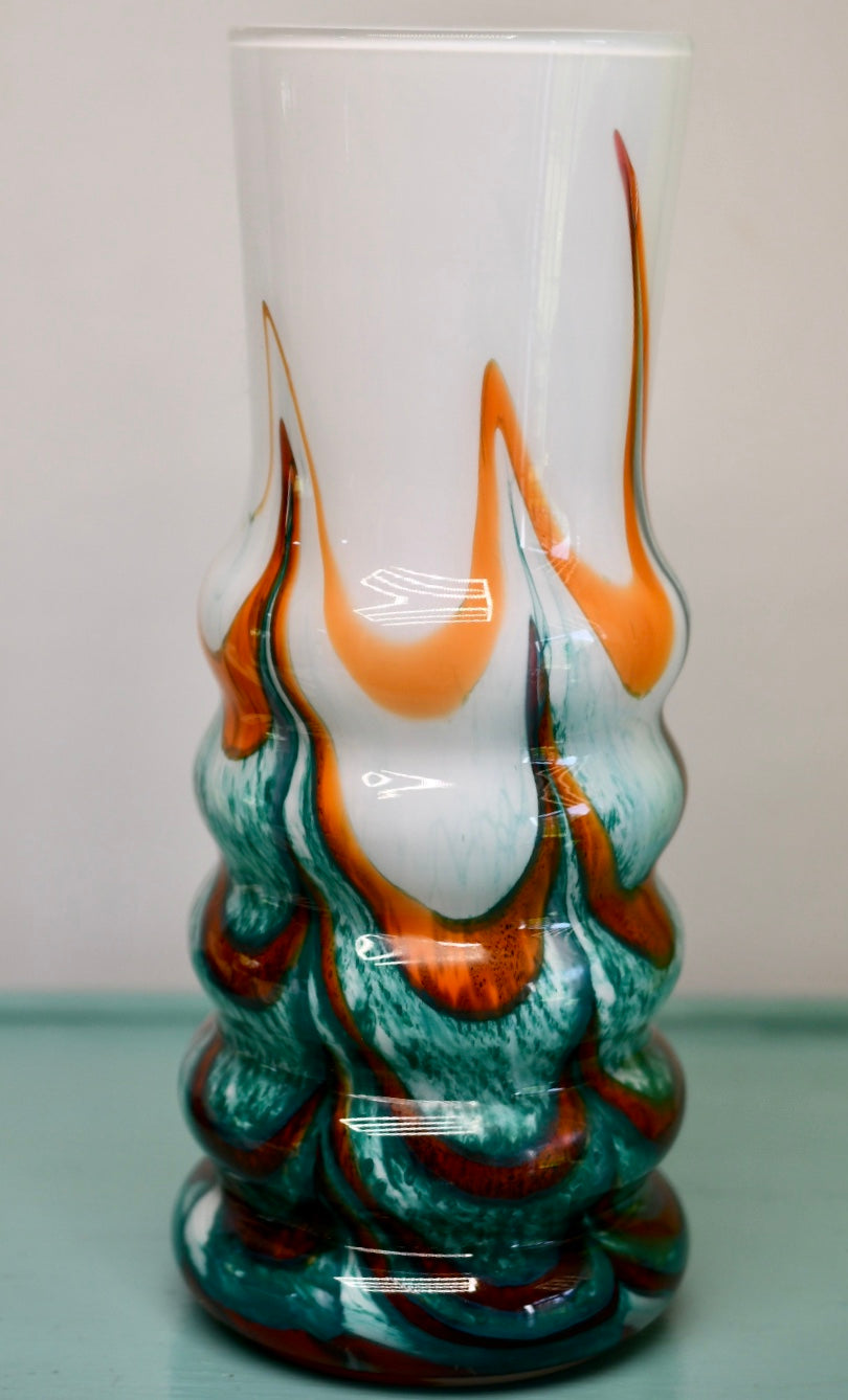 Hand Blown 9.5 inch Green and Orange Glass Vase