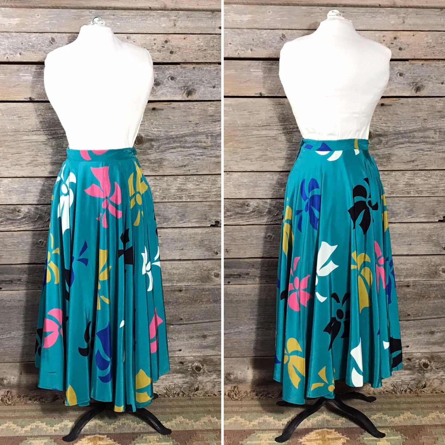 Mondi Green Print Full Circle Skirt, Size 40 EU, Retro Skirt, 1990s Fashion