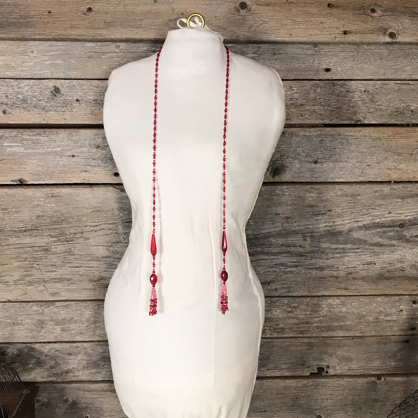Vintage Red Glass Lariat Necklace 1920s Style Flapper Bead Strand with Tassels RESTRUNG