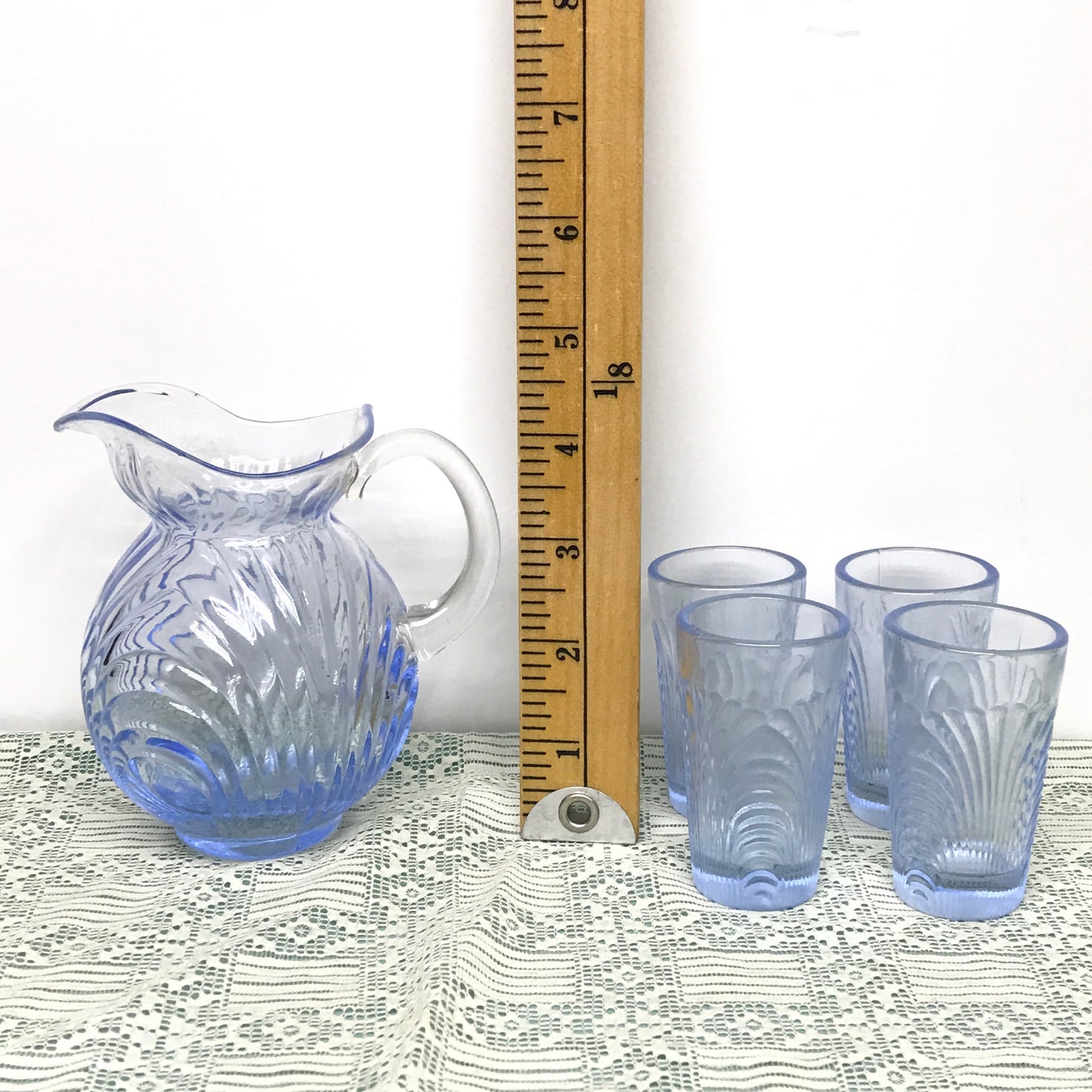 Miniature Periwinkle Blue Glass Pitcher and Glasses