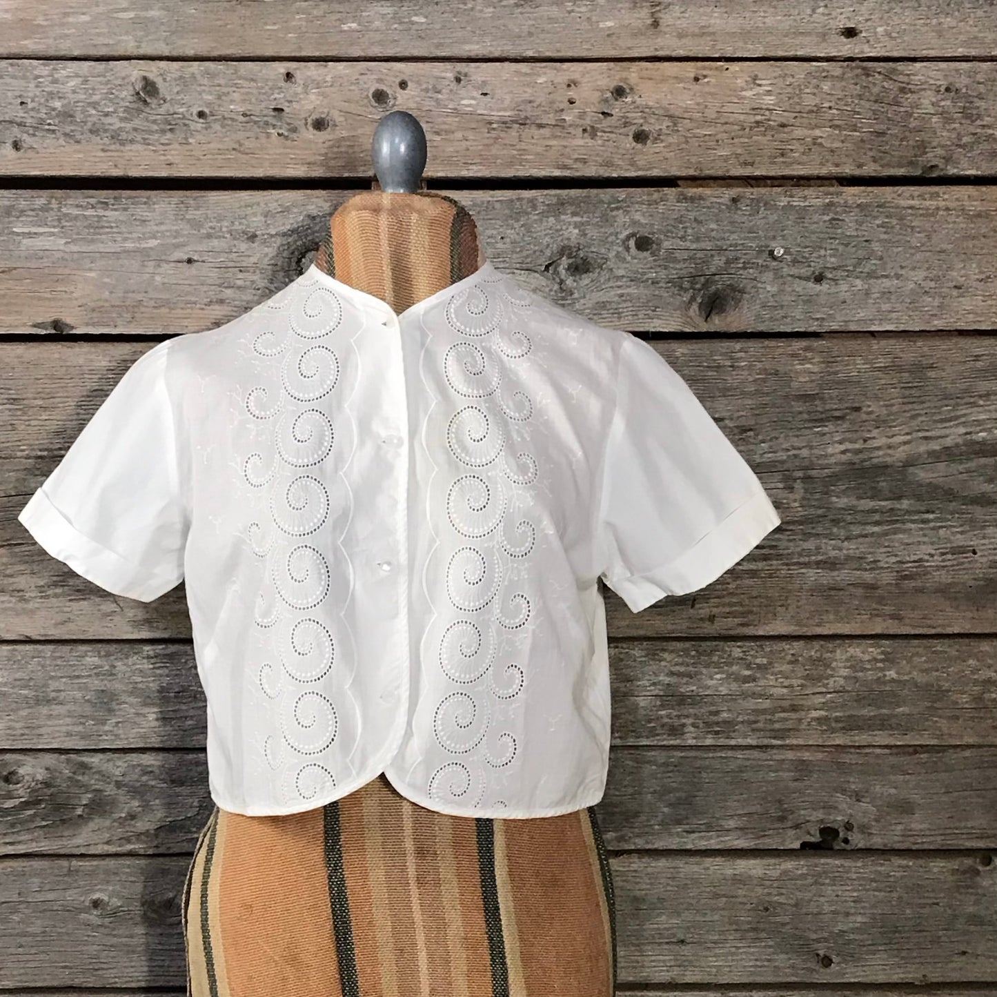 Short Sleeved Vintage Cotton Blouse with Woven Repair, Embroidered Button Up Top