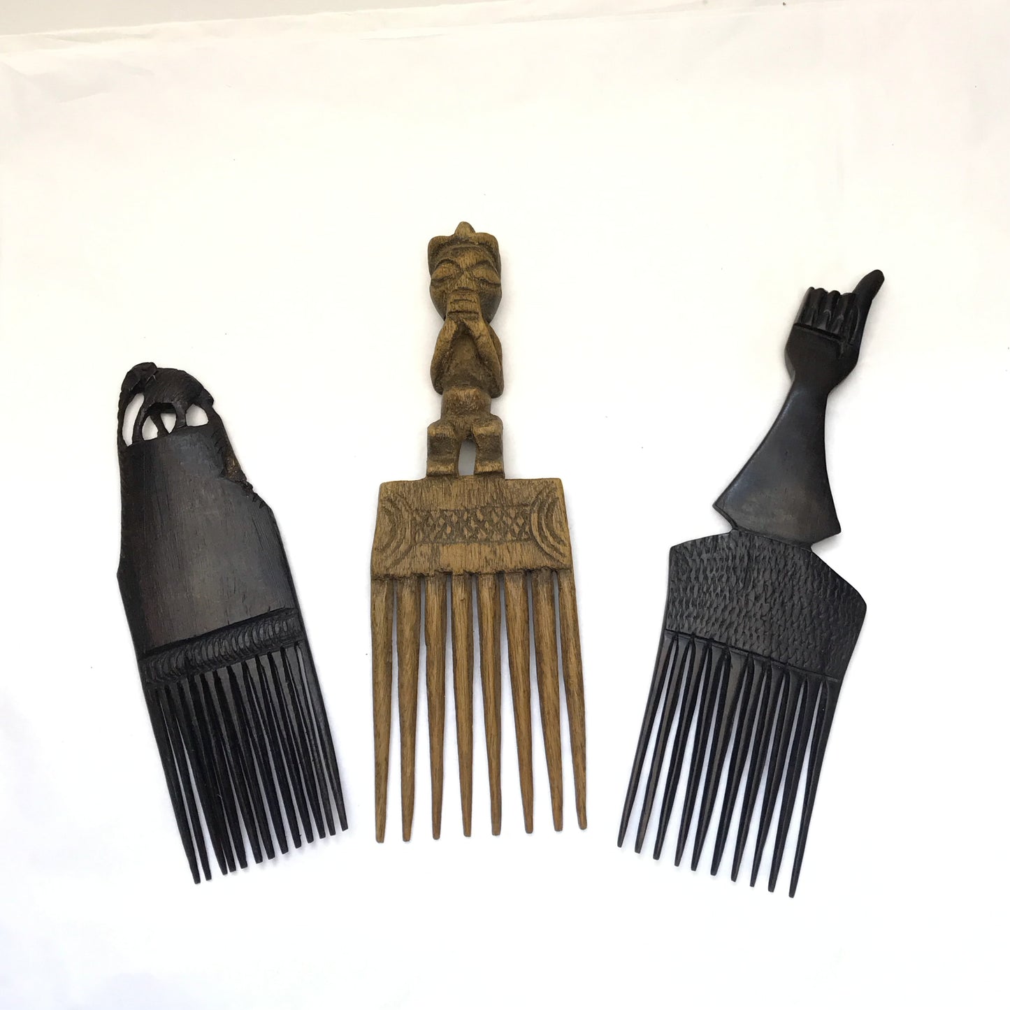 African Hand Carved Wood Hair Combs or Hair Picks Lot of 3