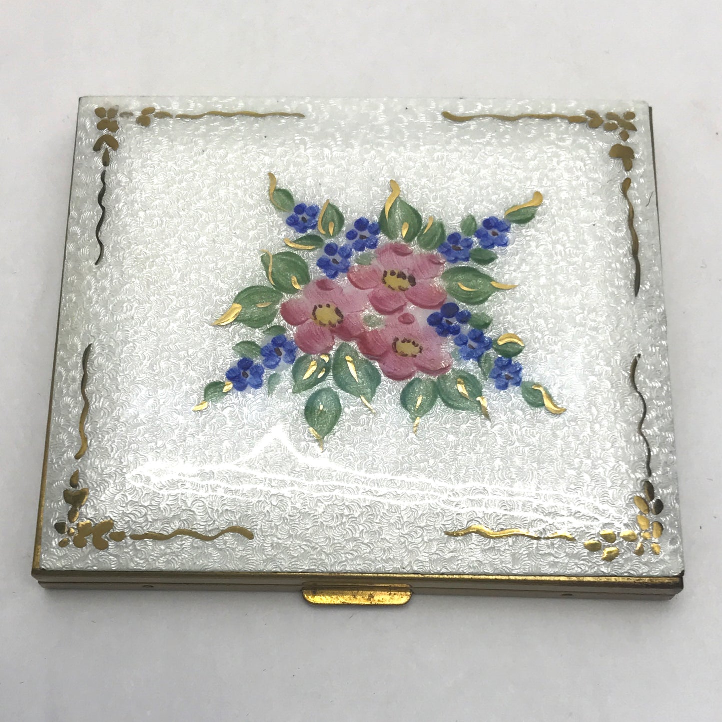 Vintage Handpainted Floral and Guillioche Enamel Compact