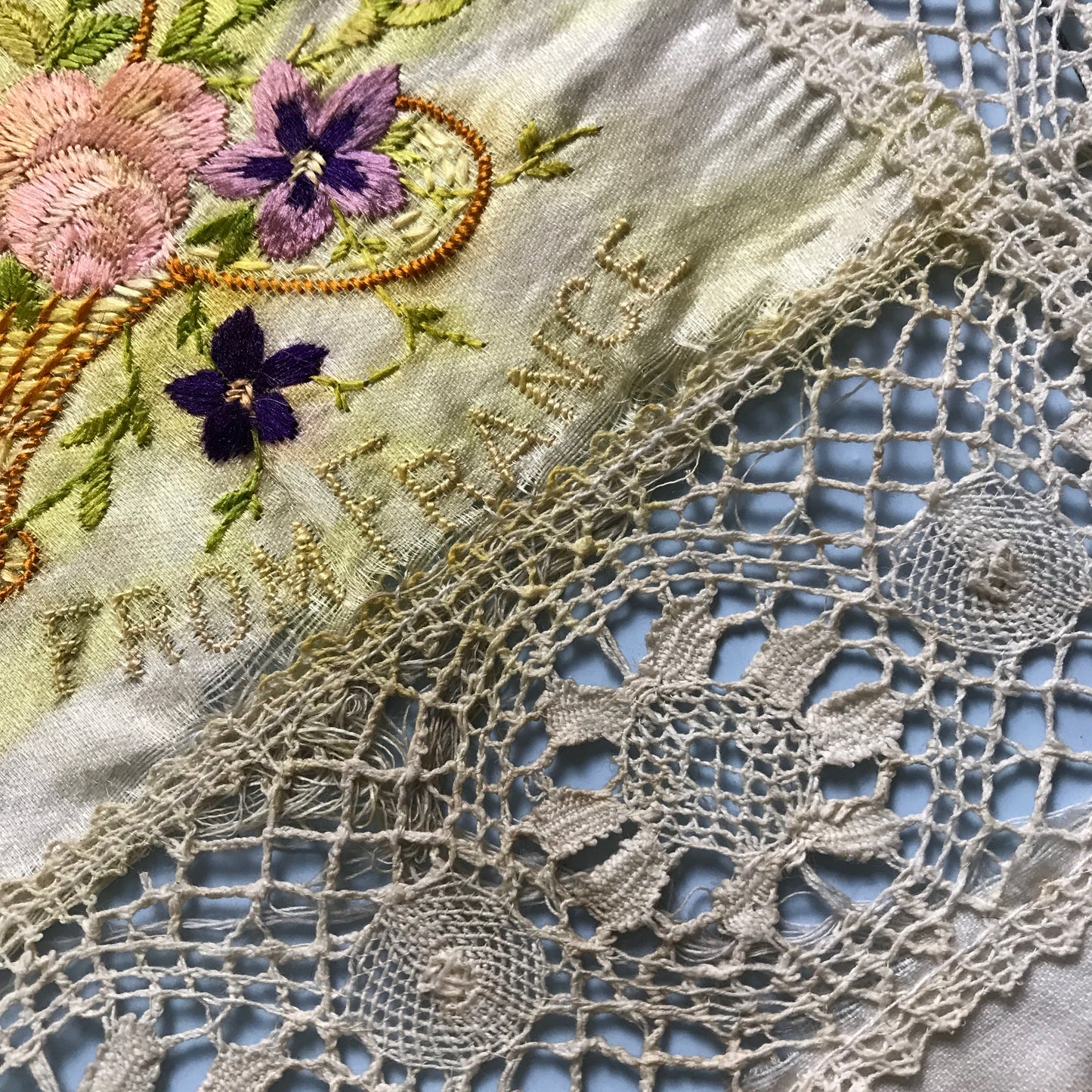 Antique Souvenir Postcard Silks Doily, circa 1917, French Lace Souvenir Handkerchief, AT FAULT