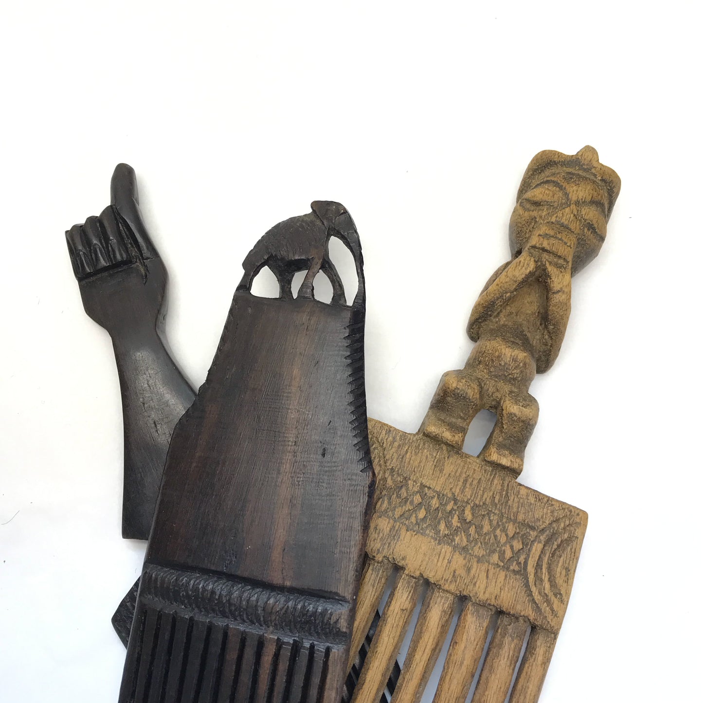 African Hand Carved Wood Hair Combs or Hair Picks Lot of 3