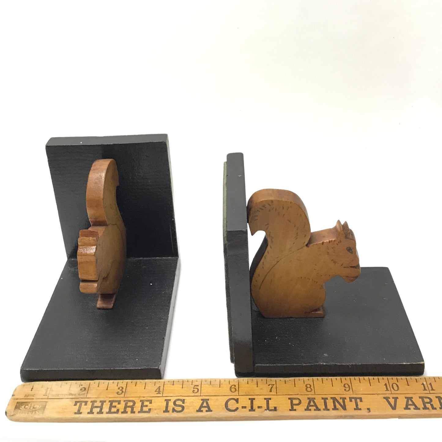 Handmade Wooden Squirrel Book Ends, Carved and Decorated Book Ends made from Reclaimed Wood, Circa 1930s-40s, Rustic Shelf Decor